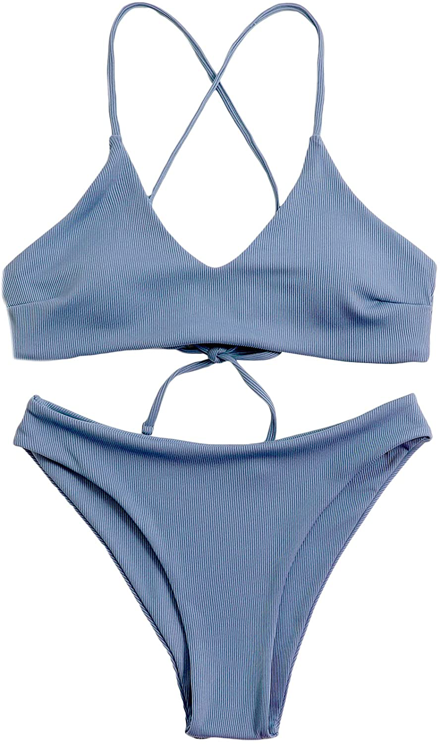 SweatyRocks Women's Bathing Suits Spaghetti Strap Criss Cross Back Bikini Ribbed Swimsuit Apparel & Accessories > Clothing > Swimwear SweatyRocks Dusty Blue Large