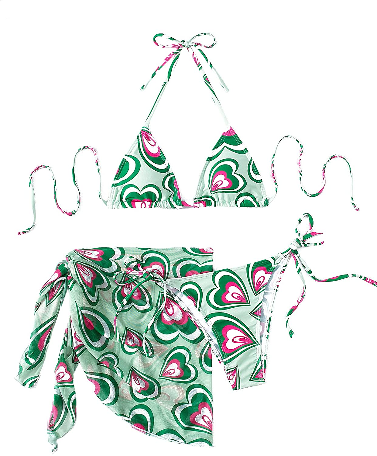 SOLY HUX Women'S Tie Dye Wrap Bikini Bathing Suits with Mesh Beach Skirt 3 Piece Swimsuits Apparel & Accessories > Clothing > Underwear & Socks > Lingerie KYLIE MAX Heart Green Medium