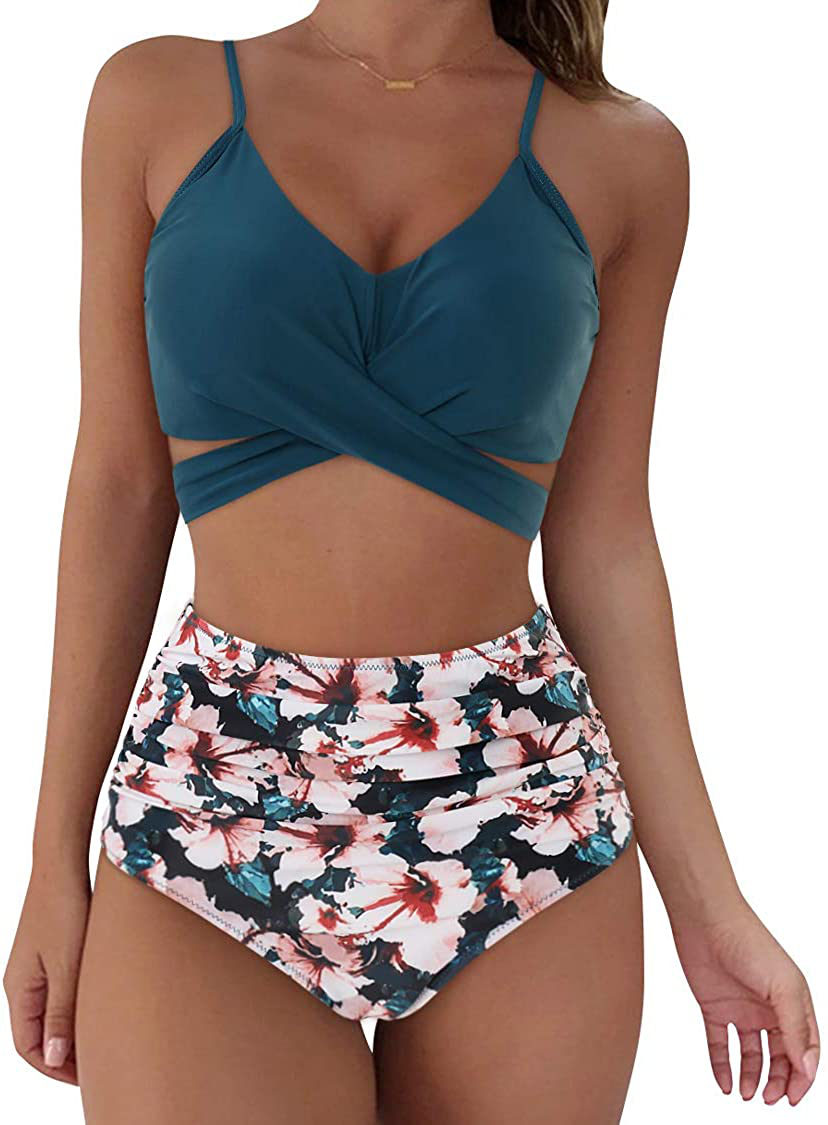 SUUKSESS Women Wrap Bikini Set Push Up High Waisted 2 Piece Swimsuits Apparel & Accessories > Clothing > Swimwear SUUKSESS 87 Nave Blue Floral 16-18