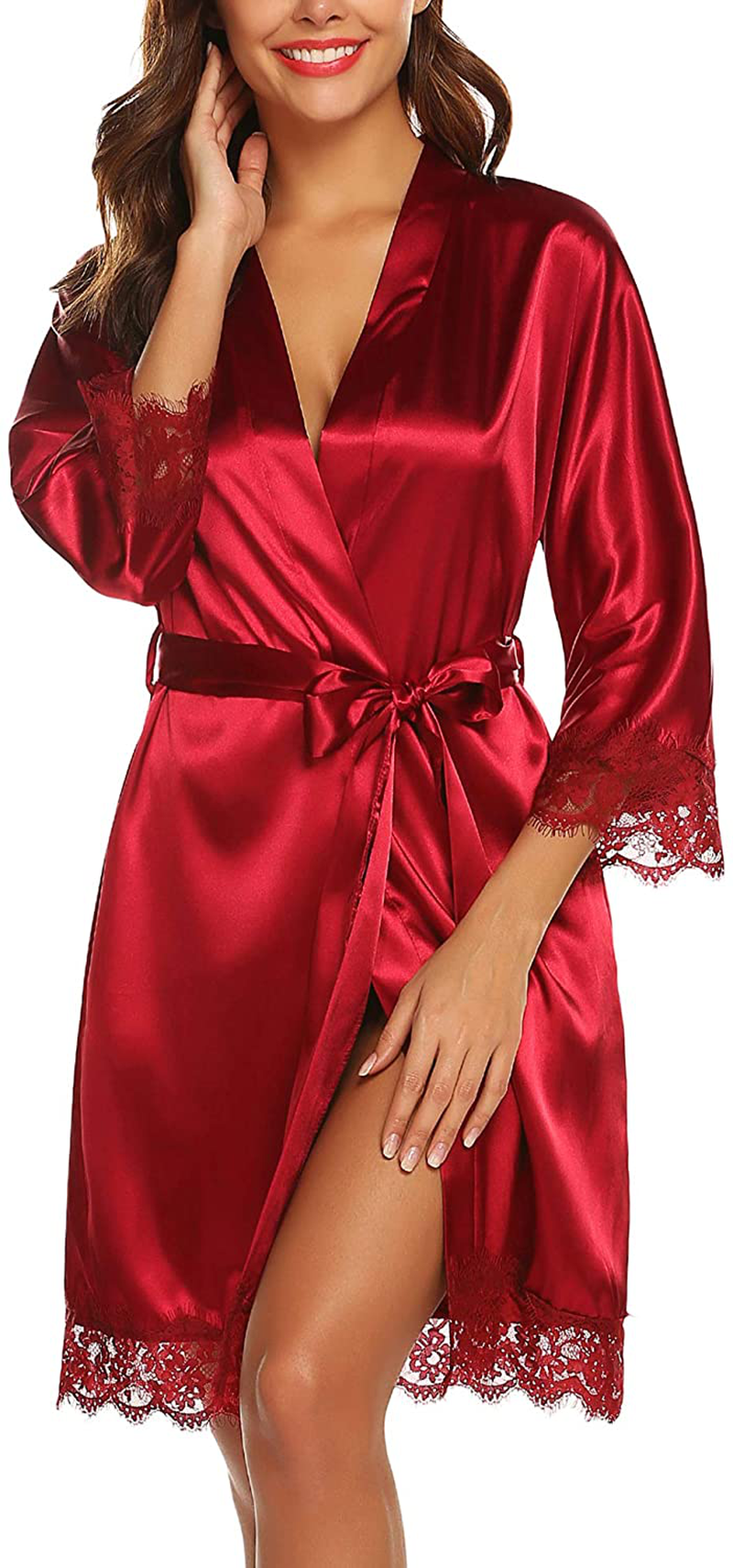 URRU Women'S Satin Silk Bathrobe Oblique V-Neck Short Kimono Robe Bridesmaids Robe S-XXXL Apparel & Accessories > Clothing > Sleepwear & Loungewear > Robes KYLIE MAX