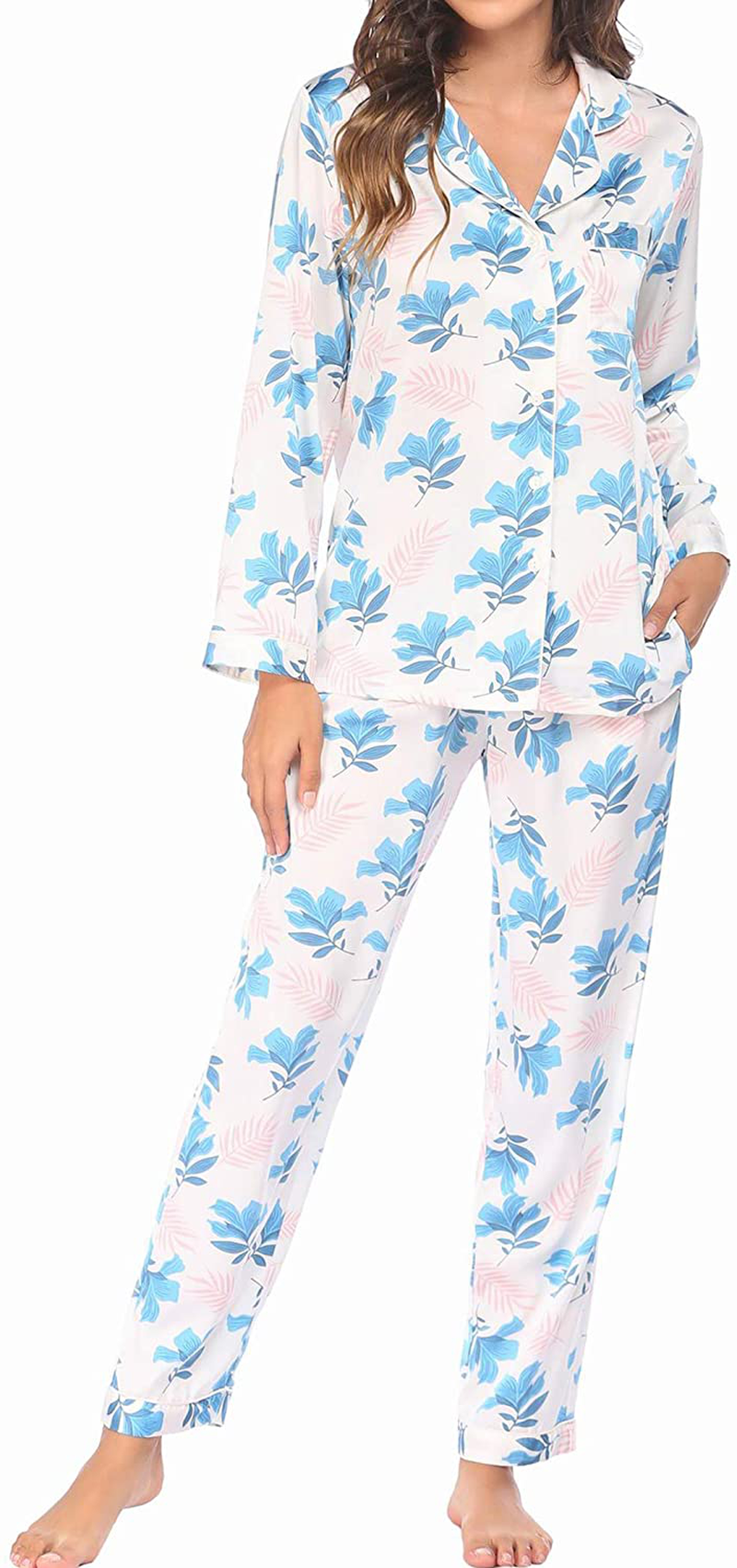 Ekouaer Satin Pajamas Women’S Long Sleeve Sleepwear Silk Soft Button down Loungewear Pjs Set S-XXL Apparel & Accessories > Clothing > Sleepwear & Loungewear > Pajamas Kylie Max