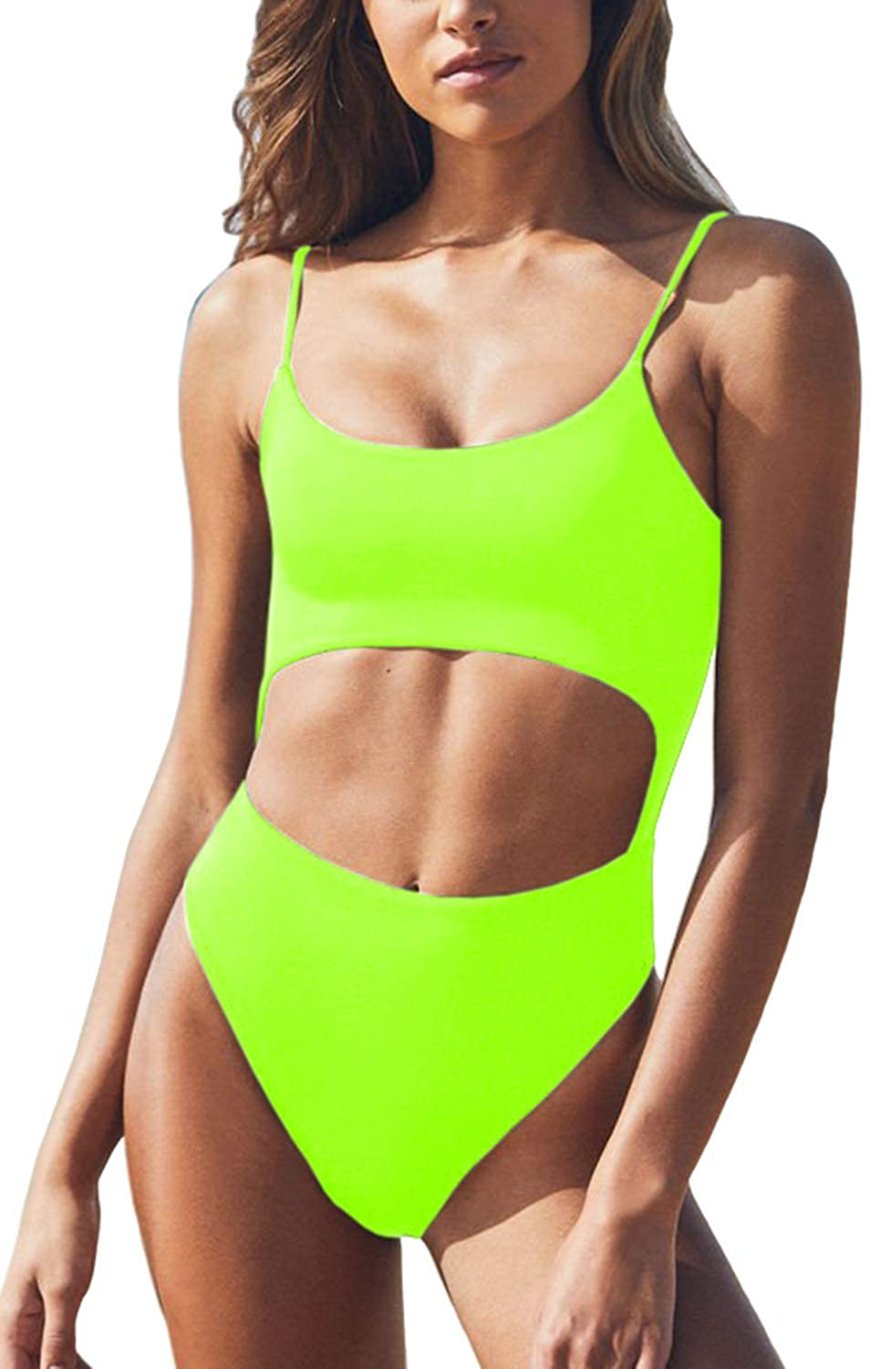 Meyeeka Womens Scoop Neck Cut Out Front Lace up Back High Cut Monokini One Piece Swimsuit Apparel & Accessories > Clothing > Swimwear Kylie Max