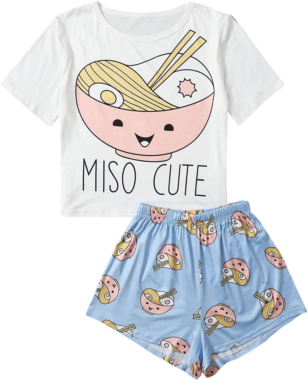 DIDK Women's Cute Cartoon Print Tee and Shorts Pajama Set Apparel & Accessories > Clothing > Sleepwear & Loungewear > Pajamas DIDK Miso Blue Large