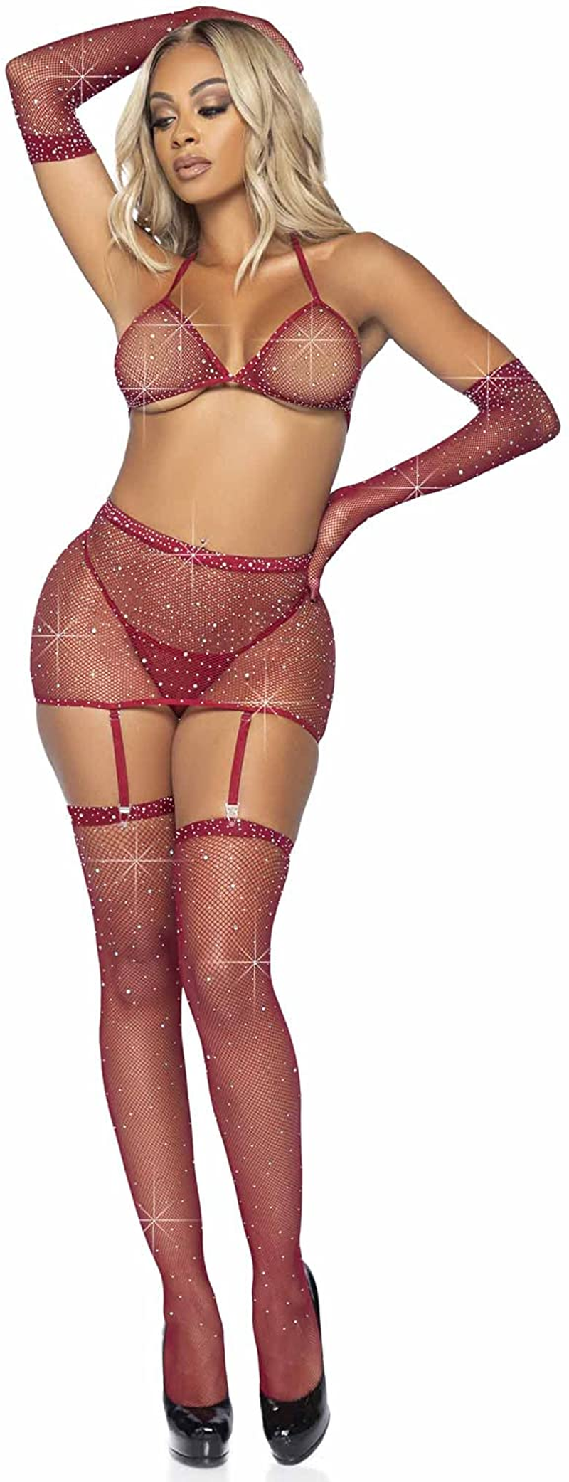 Leg Avenue Womens 5 Pc Rhinestone Fishnet Garter Skirt Set with Bikini Top, G-String, Gloves, and Matching Stockings Apparel & Accessories > Clothing > Underwear & Socks > Lingerie Leg Avenue