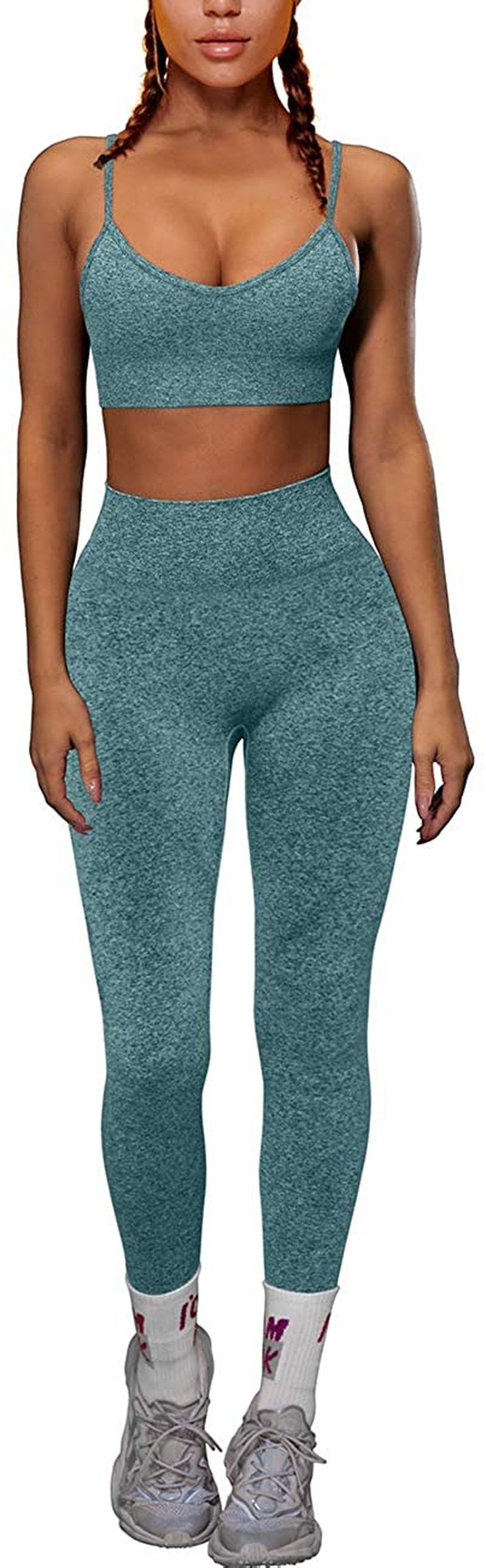 OQQ Yoga Outfit for Women Seamless 2 Piece Workout Gym High Waist Leggings with Sport Bra Set Apparel & Accessories > Clothing > Underwear & Socks > Lingerie HZSN F: Darkgreen Small