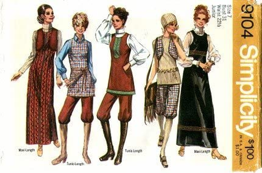 Simplicity 9104 Sewing Pattern Juniors Retro Maxi-Jumper Tunic Vest Hip-Hugger Knickers Apparel & Accessories > Clothing > Underwear & Socks > Underwear Simplicity