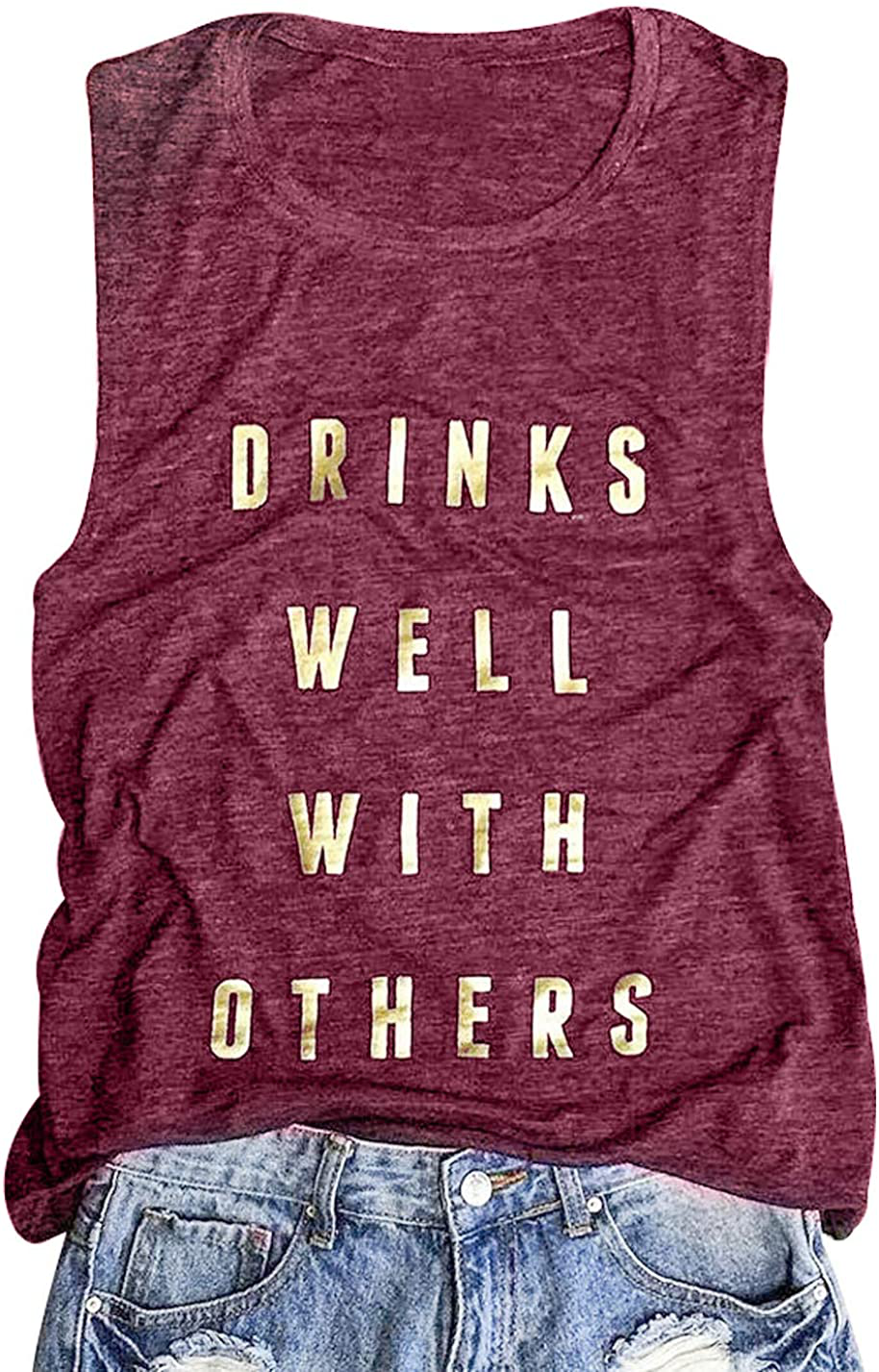 Drinks Well with Others Muscle Tank Tops Womens Funny Drinking Alcohol Sleeveless Letter Printed Graphic Tee Shirt Tops Apparel & Accessories > Clothing > Activewear Kylie Max