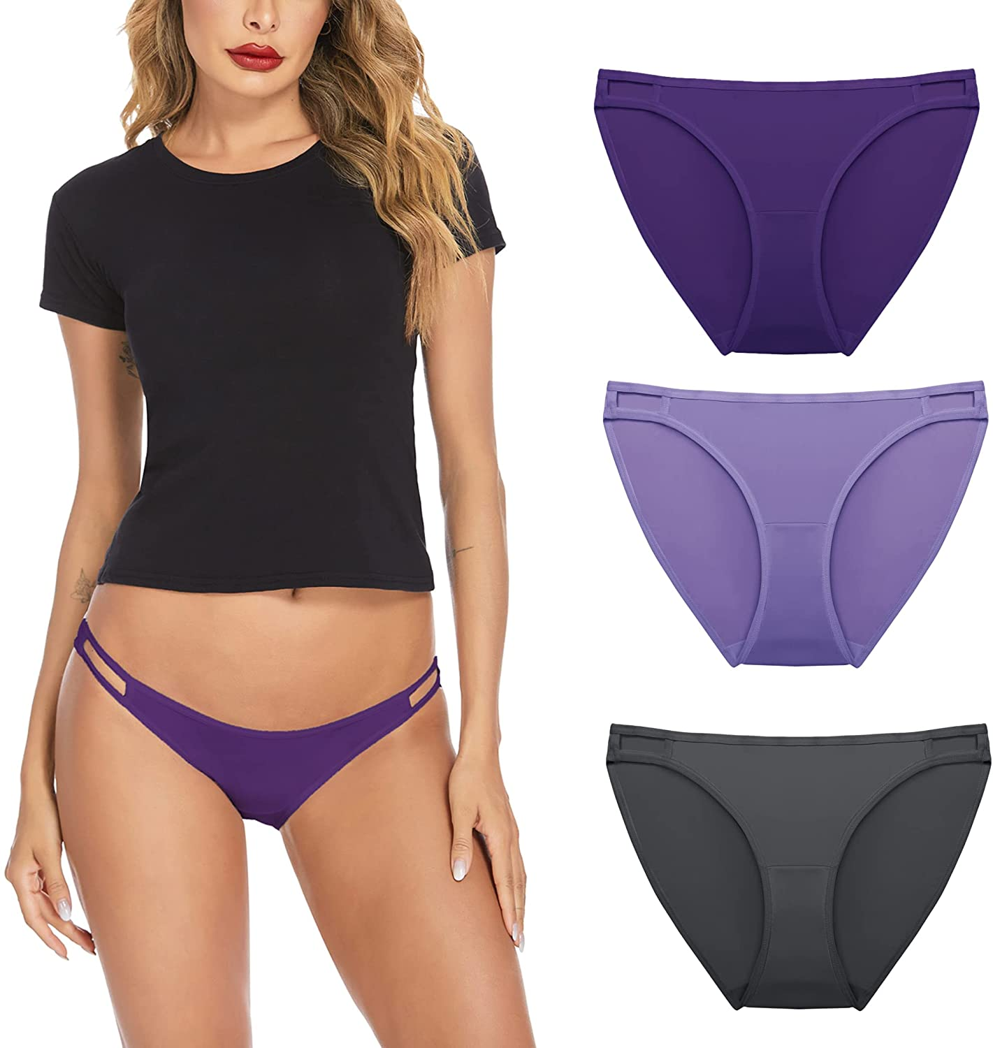 Ekouaer Sexy Ice Silk Bikini Underwear Panty Womens Seamless String Briefs Soft Stretch Breathable Invisible Panty 3 Pack Apparel & Accessories > Clothing > Underwear & Socks > Underwear Ekouaer Purple/Light Purple/Gray(3pack) XX-Large