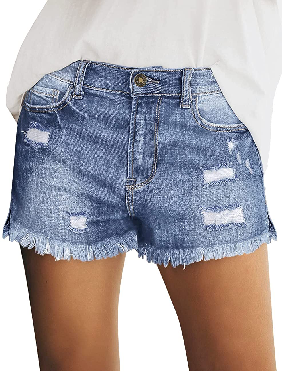 Luvamia Women'S Casual Mid Rise Denim Shorts Stretch Ripped Raw Hem Jean Shorts Apparel & Accessories > Clothing > Shorts Kylie Max