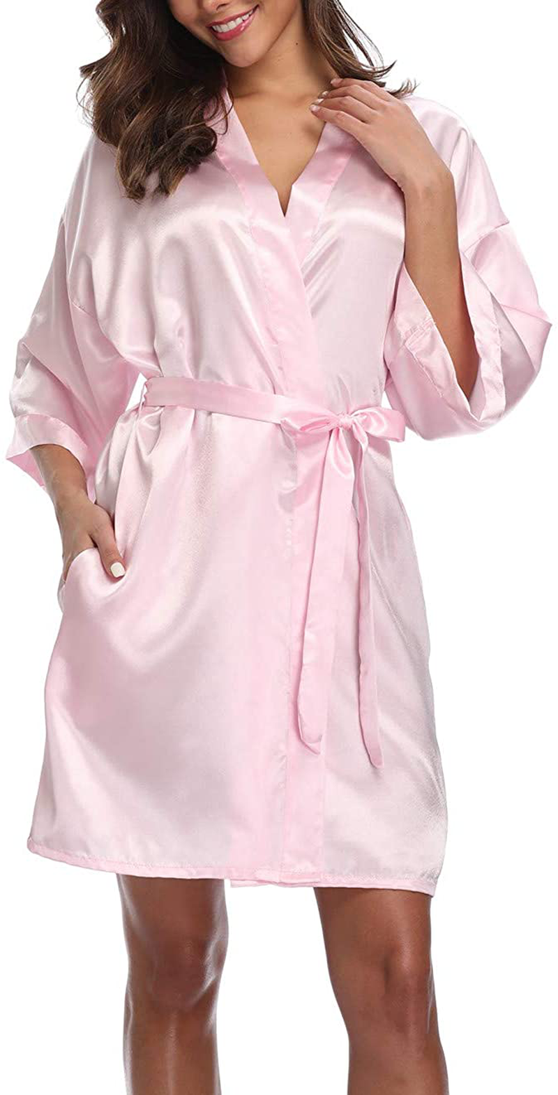 Old-Times Women'S Pure Color Silk Kimono Short Robes for Bridesmaids and Bride Apparel & Accessories > Clothing > Sleepwear & Loungewear > Robes Old-Times Pink Medium