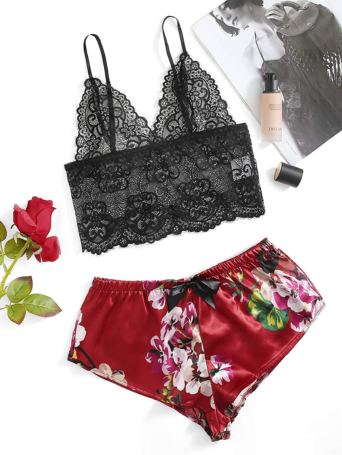 SOLY HUX Women'S Lace Sheer Cami Top with Satin Shorts Pajama Set Sleepwear Apparel & Accessories > Clothing > Sleepwear & Loungewear Kylie Max