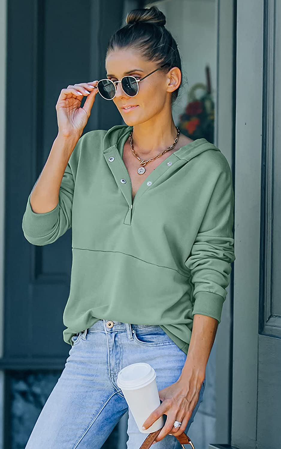 KIRUNDO Women'S Long Sleeve Casual Sweatshirts Women Hoodies Solid Color Button Collar Fall Pullover Tops Apparel & Accessories > Clothing > Activewear Kylie Max