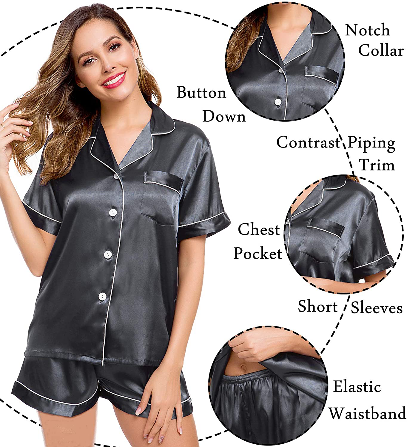 Lecgee Womens Silk Satin Pajamas Short Sleeve Loungewear Two-Piece Sleepwear Button-Down Pj Set Apparel & Accessories > Clothing > Sleepwear & Loungewear > Pajamas Kylie Max