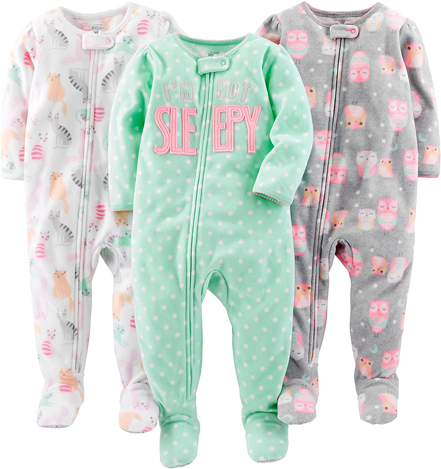 Simple Joys by Carter'S Toddler and Baby Girls' Loose Fit Fleece Footed Pajamas, Pack of 3 Apparel & Accessories > Clothing > Underwear & Socks > Lingerie Simple Joys by Carter's Owl/Cat/Dots 5T
