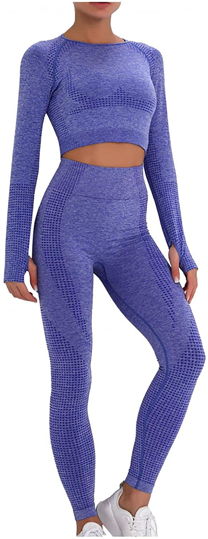 Burband Workout Lounge Sets for Women 2 Piece Outfits Solid Long Sleeve Crop Tops and Ribbed Seamless Leggings Gym Yoga Sets Apparel & Accessories > Clothing > Underwear & Socks > Shapewear Burband