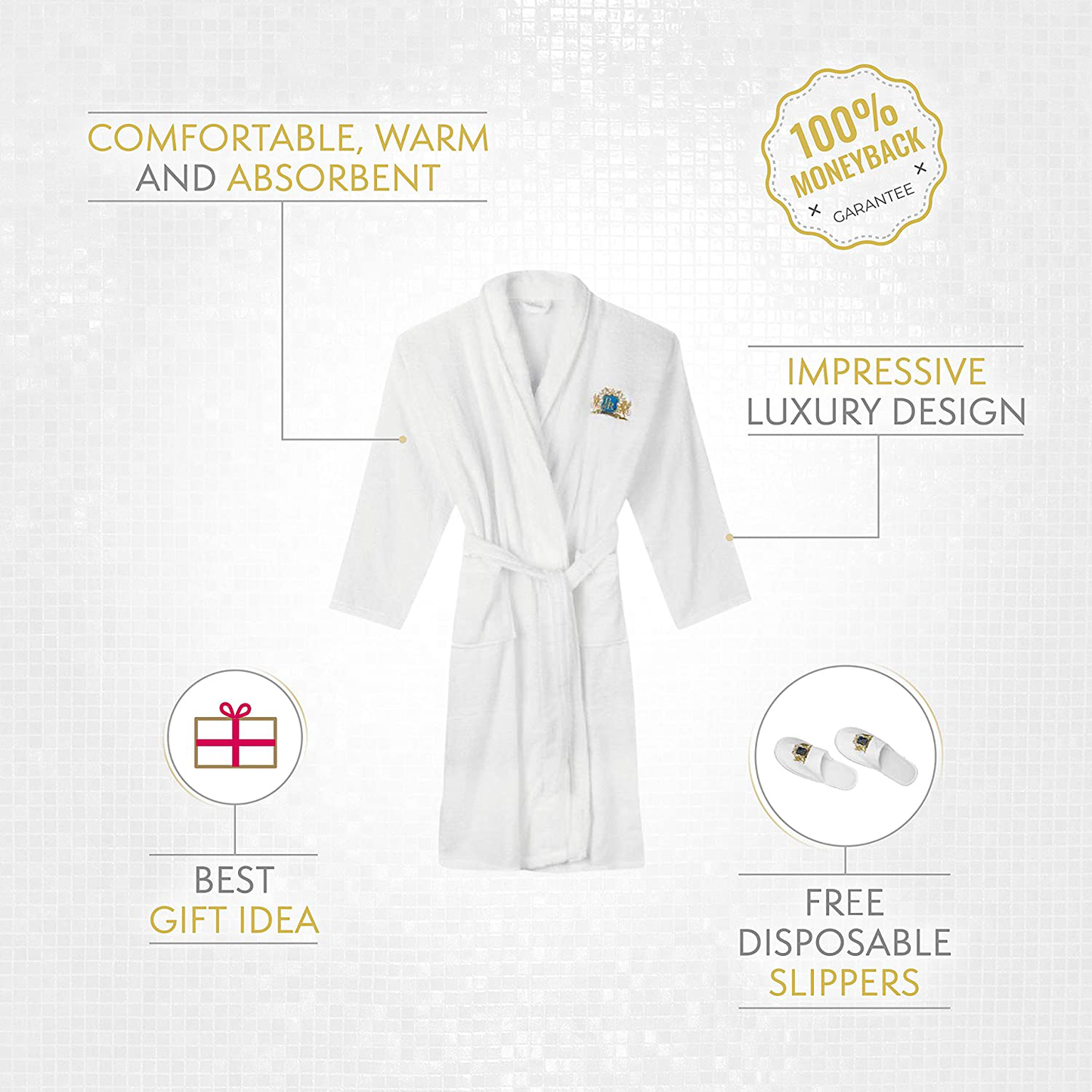 Baroque Royal Men'S 100% Egyptian Terry Shawl Collar Cotton Self Tie Waist Bathrobes with Soft & Warm Slippers Apparel & Accessories > Clothing > Sleepwear & Loungewear > Robes Kylie Max