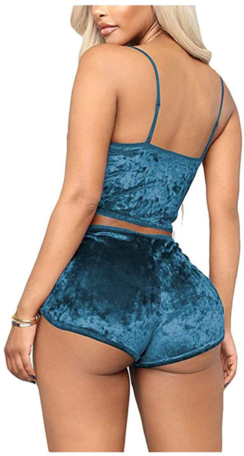 Women Sexy Velvet 2 Piece Outfit Spaghetti Strap Leopard Tie Dye Cami Crop Top + Shorts Bottom Sleepwear Pajama Set Nightwear Apparel & Accessories > Clothing > Sleepwear & Loungewear Kylie Max