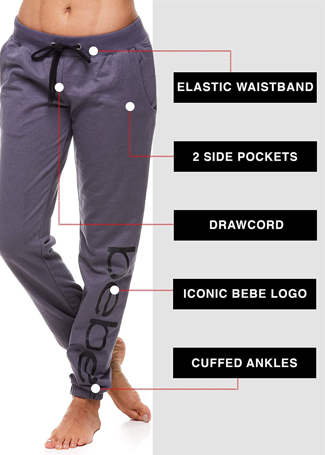 Bebe Womens Sweatpants French Terry Jogger Lounge Sleep Pajamas Apparel & Accessories > Clothing > Activewear Kylie Max