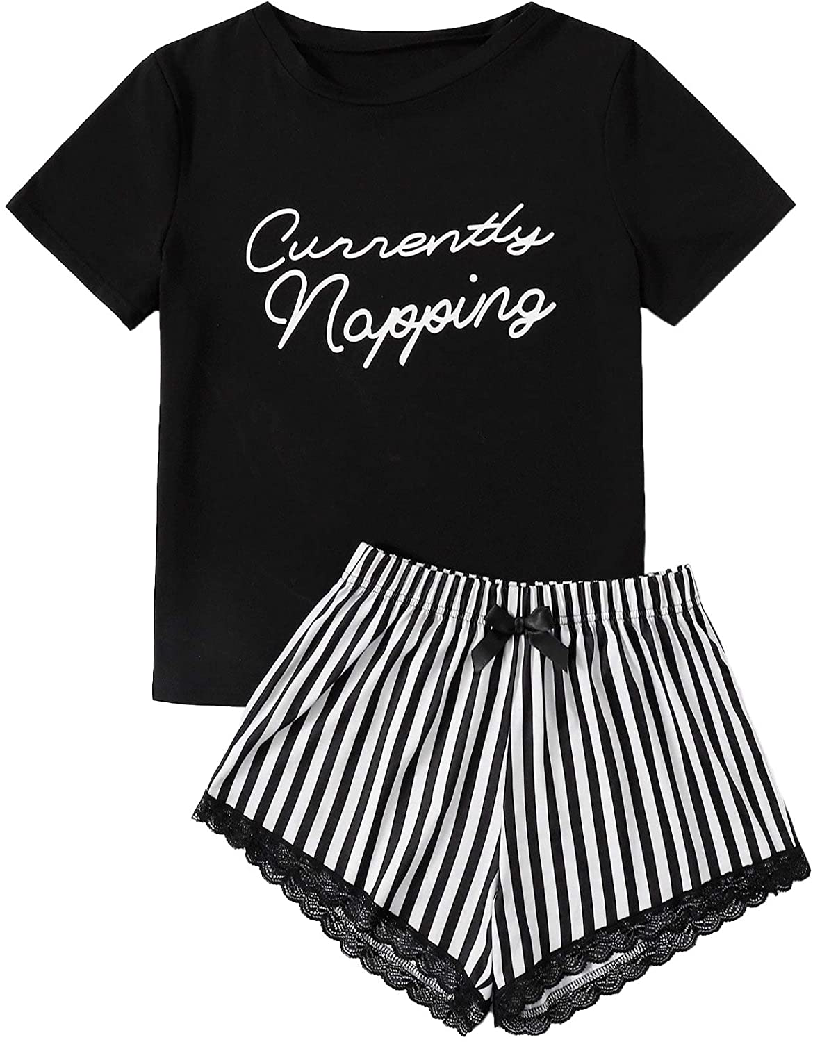 DIDK Women's Cute Cartoon Print Tee and Shorts Pajama Set Apparel & Accessories > Clothing > Sleepwear & Loungewear > Pajamas DIDK Black Striped Small