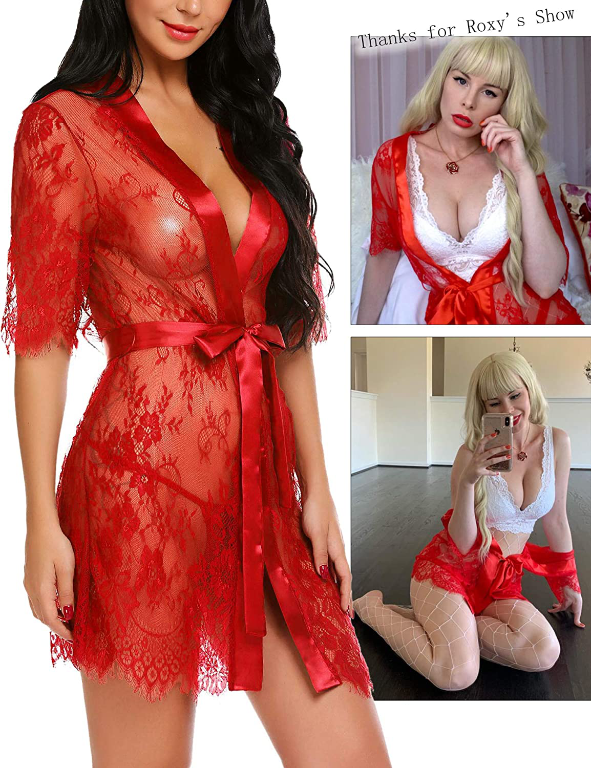 Avidlove Women Kimono Robe Floral Lace Babydoll Lingerie Sheer Mesh Nightgown Apparel & Accessories > Clothing > Underwear & Socks > Lingerie Kylie Max