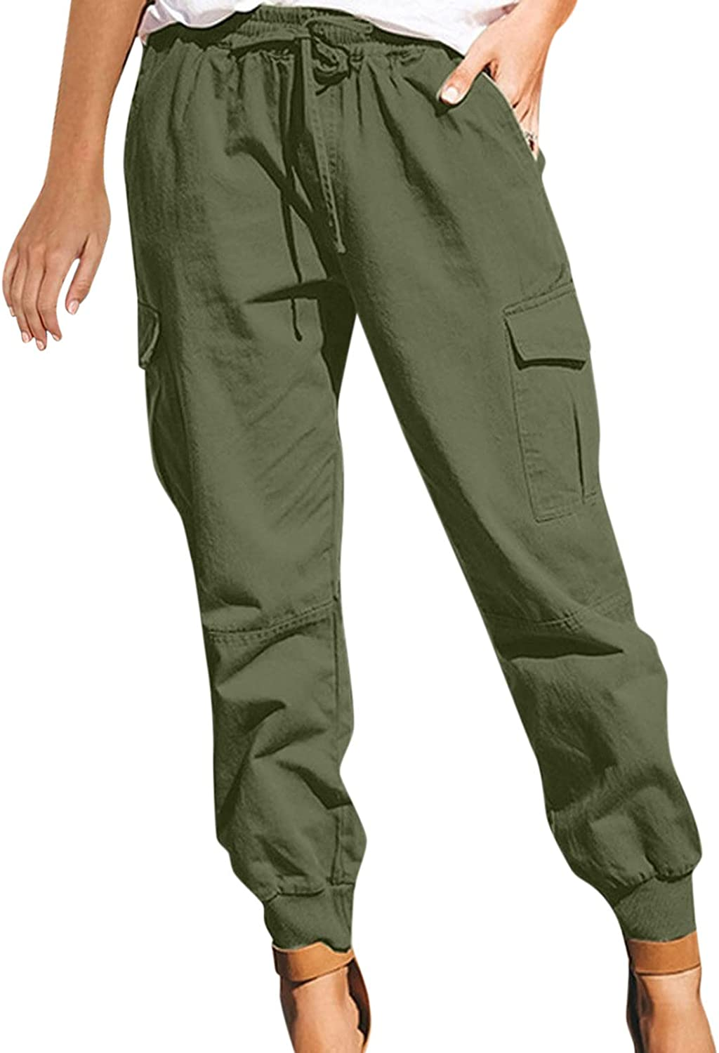 Burband Womens Cotton Elastic Waist Tactical Joggers Pants Cargo Sweatpants with Pockets Hiking Linen Yoga Lounge Trousers Apparel & Accessories > Clothing > Underwear & Socks > Shapewear Burband Army Green Medium
