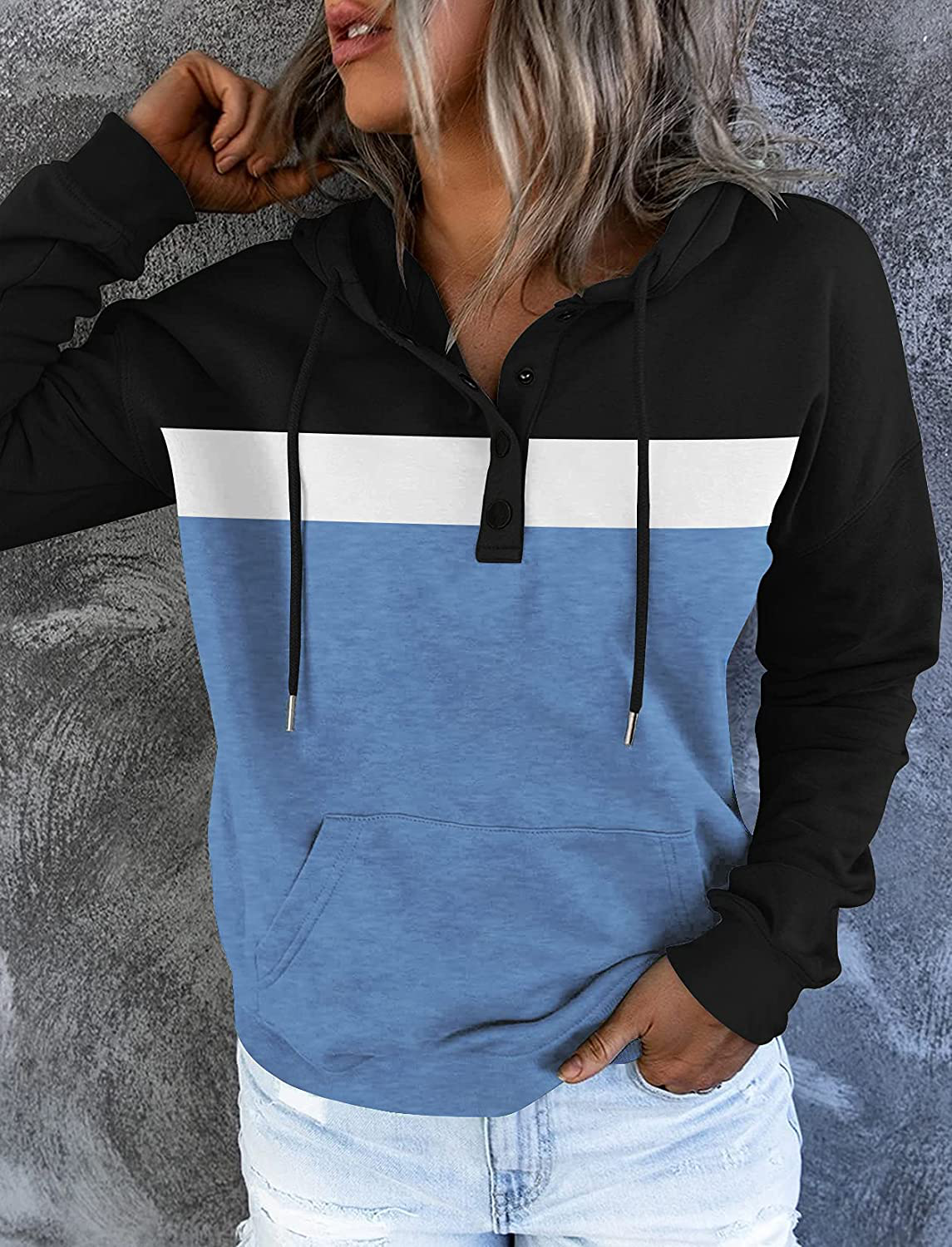 Women'S Casual Color Block Hoodies Long Sleeve Tops Button down Drawstring Pullover Sweatshirts with Pocket Apparel & Accessories > Clothing > Activewear Kylie Max