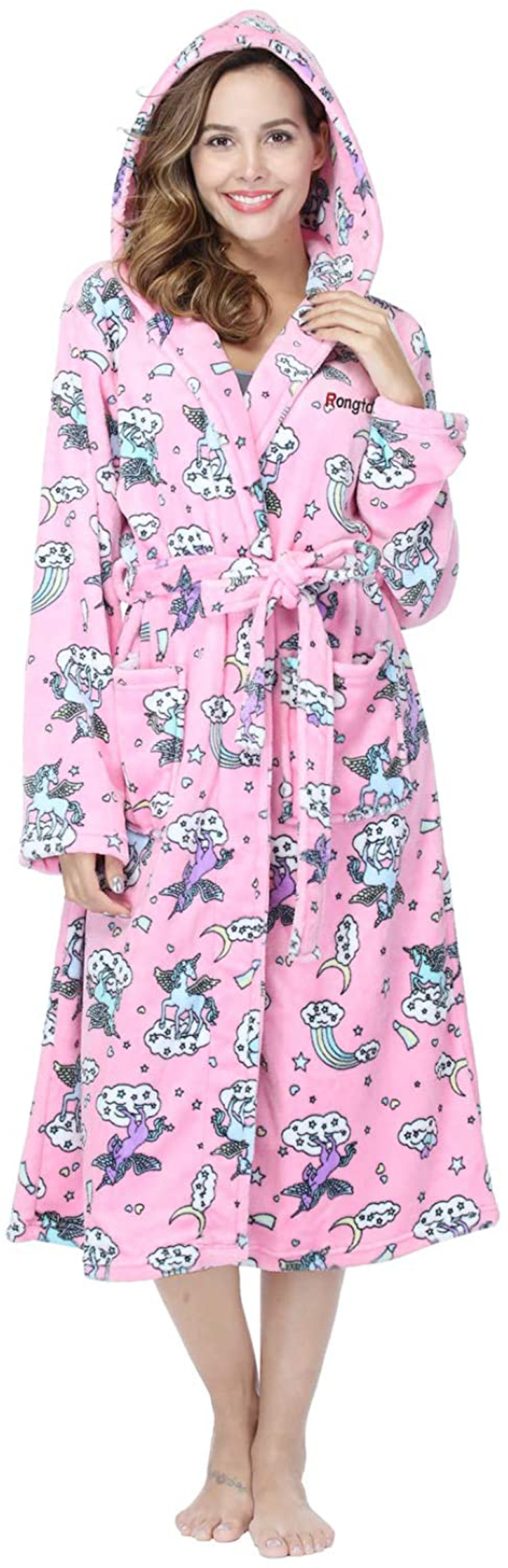 RONGTAI Womens Long Robes Plush Fleece Nightgown Thick plus Size Hooded Bathrobe with Pockets Fluffy Sleepwear for Men Apparel & Accessories > Clothing > Sleepwear & Loungewear > Robes RONGTAI Pink Pegasus Small