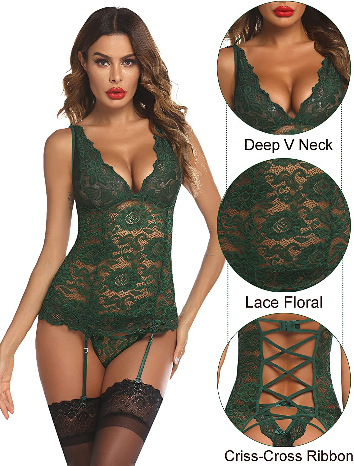 Avidlove Women’S Lace Babydoll with Garter Mini Teddy Bodysuit Sexy Lingerie Backless Chemise Apparel & Accessories > Clothing > Underwear & Socks > Lingerie Kylie Max