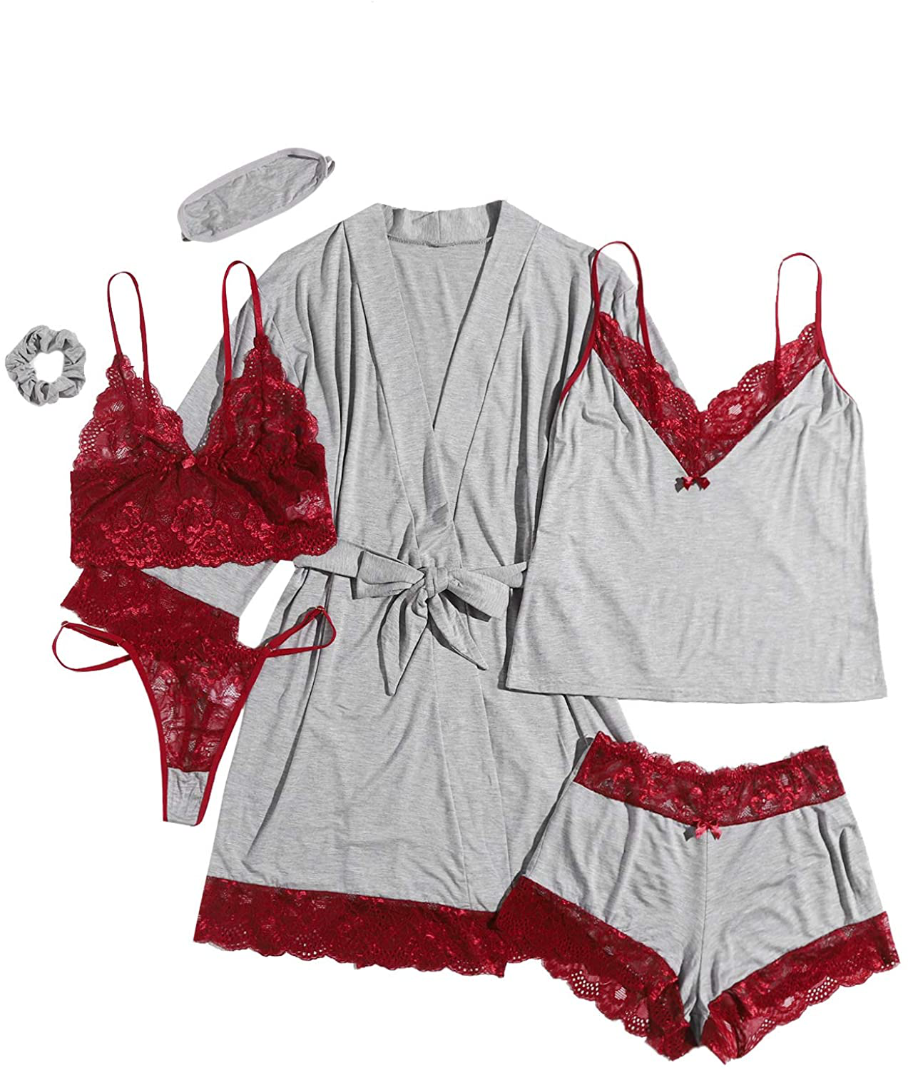 Shein Women'S 7Pcs Floral Lace Trim Cami Pajama Set with Robe and Eye Mask Apparel & Accessories > Clothing > Sleepwear & Loungewear Kylie Max