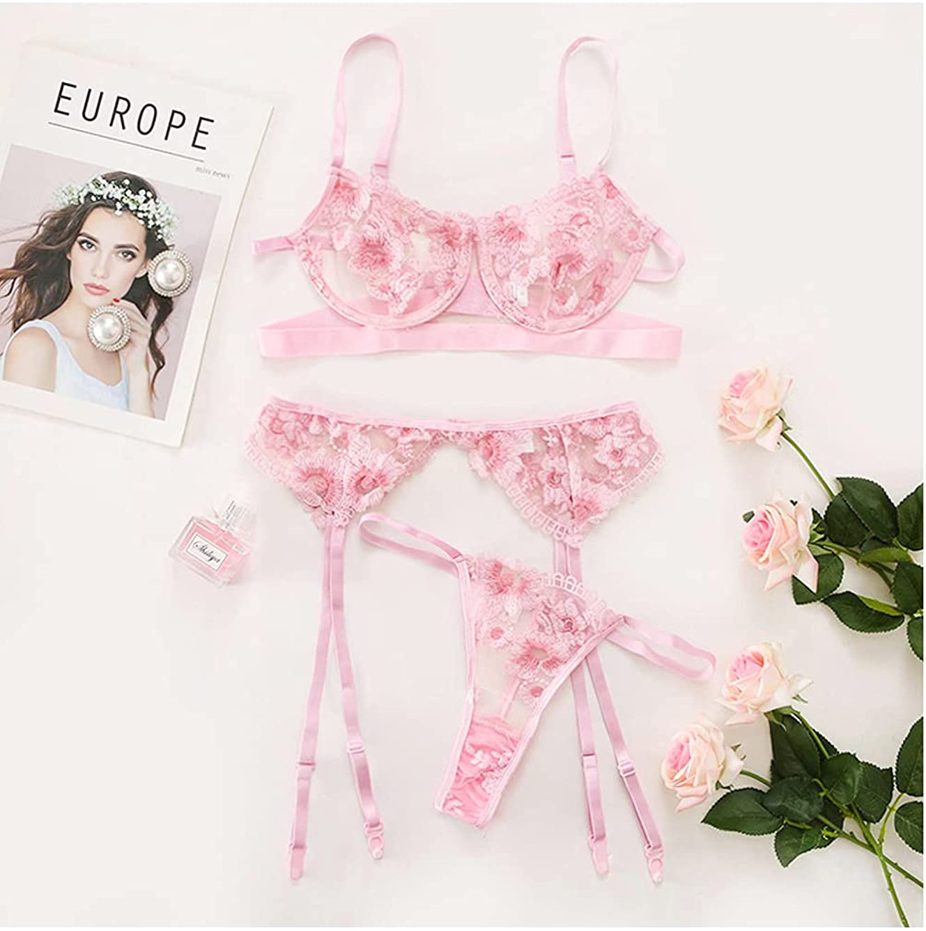 Kaei&Shi Floral Embroidered,Underwire,Cutout Back,G-String,Garter Lingerie Set Apparel & Accessories > Clothing > Underwear & Socks > Lingerie Kaei&Shi