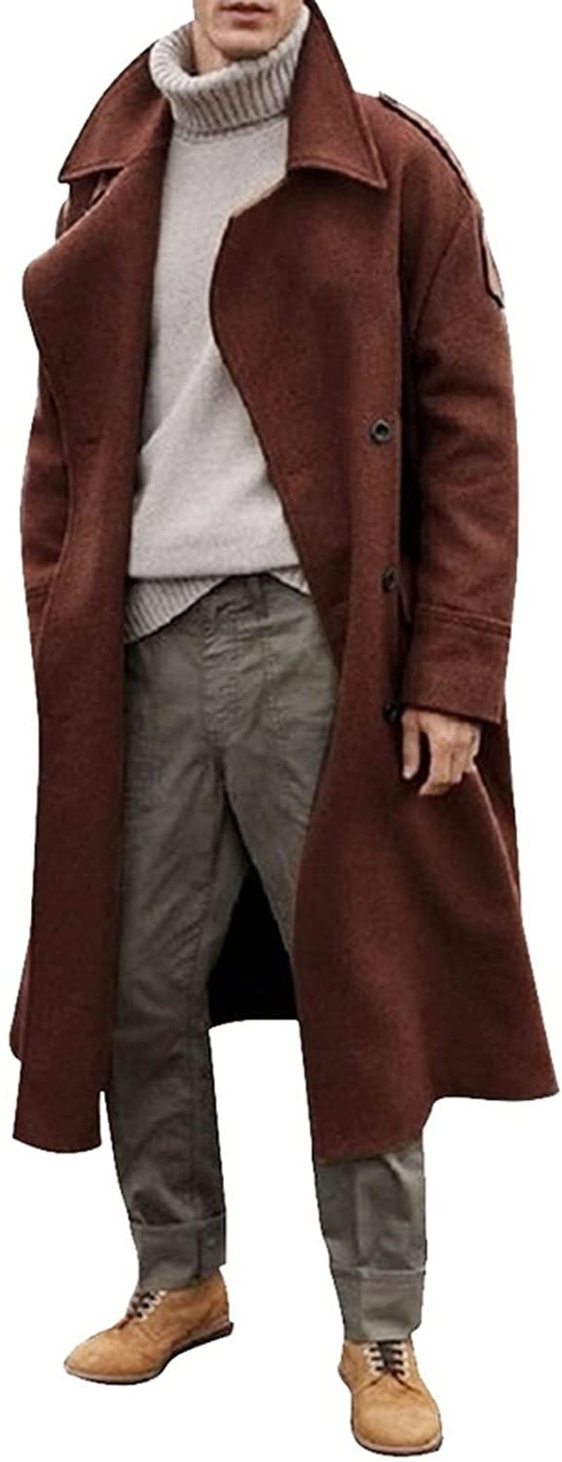 Merthy Mens Winter Warm French Woolen Trench Coats Long Sleeved Turn-Down Collar Double Breasted Business Long Pea Coat Apparel & Accessories > Clothing > Underwear & Socks > Shapewear Merthy Brown Small