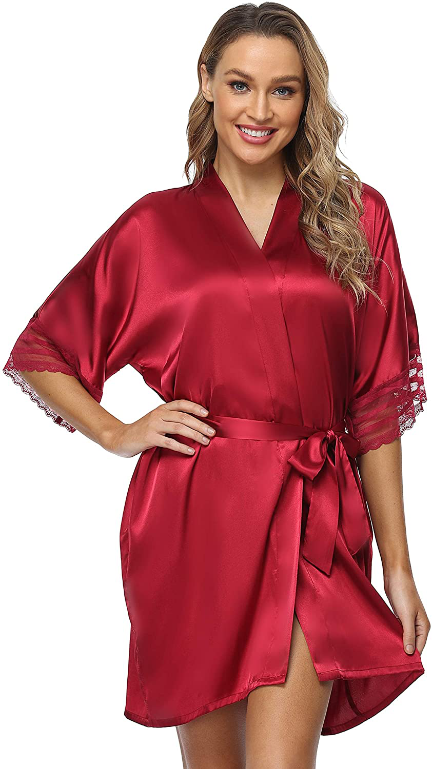 The Bund Women'S Short Robes Lace Bride Bridesmaids Sexy Bathrobe Satin Spa Robe Pure Color Apparel & Accessories > Clothing > Sleepwear & Loungewear > Robes The Bund Y-wine Small