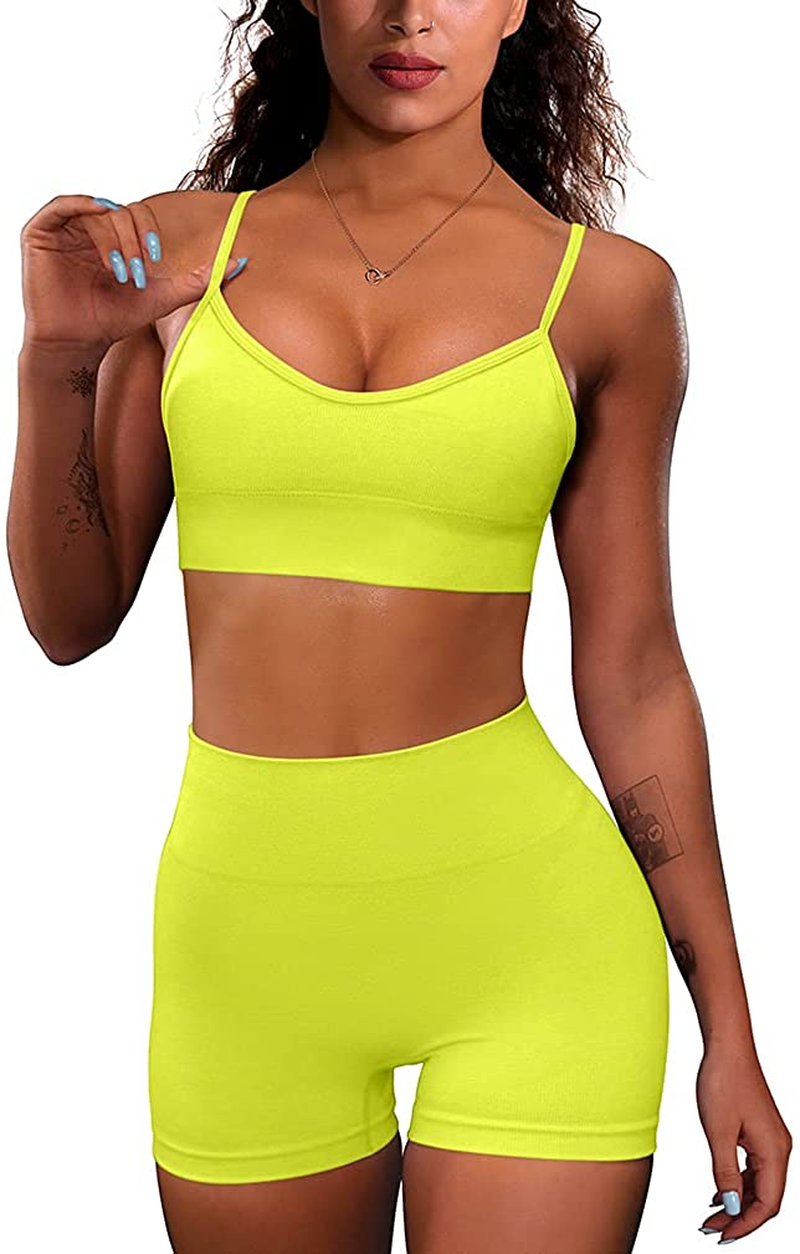 OQQ Yoga Outfit for Women Seamless 2 Piece Workout Gym High Waist Leggings with Sport Bra Set Apparel & Accessories > Clothing > Underwear & Socks > Lingerie HZSN A: Yellow Medium
