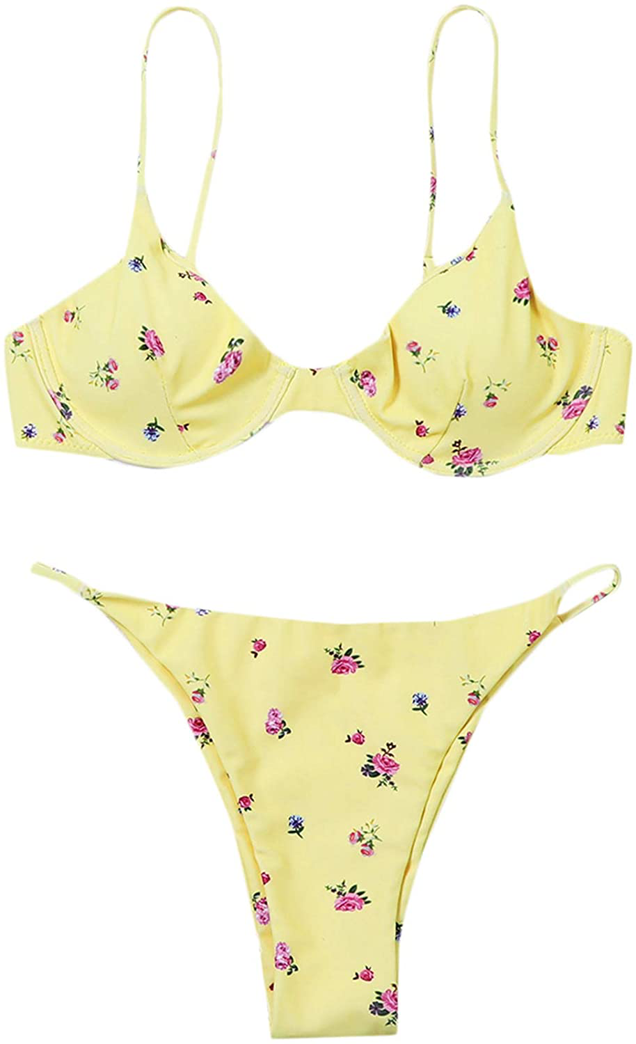 SweatyRocks Women's Sexy Bathing Suits Spaghetti Strap Floral Bikini Set Underwire Swimsuit Apparel & Accessories > Clothing > Swimwear SweatyRocks Floral Yellow Large