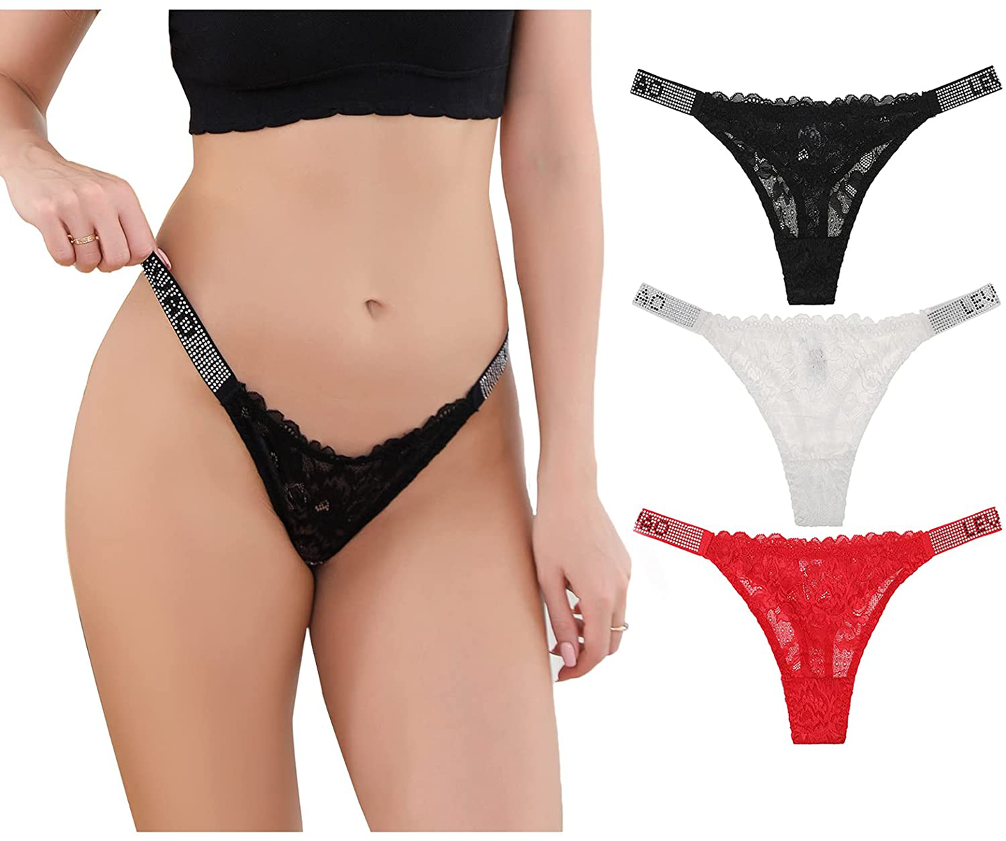Sexy Panties, LEVAO Thongs for Women Letter Rhinestones G-String Low-rise Tanga Stretch Underwear Pack of 6 Apparel & Accessories > Clothing > Underwear & Socks > Underwear LEVAO 3-pack Mixed Large
