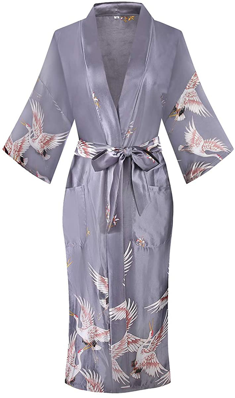 Dandychic Women'S Kimono Robes Lightweight Imitation Silk Sleepwear Long Lightweight Nightgown for Women Apparel & Accessories > Clothing > Sleepwear & Loungewear > Robes DandyChic Silver/Crane X-Large
