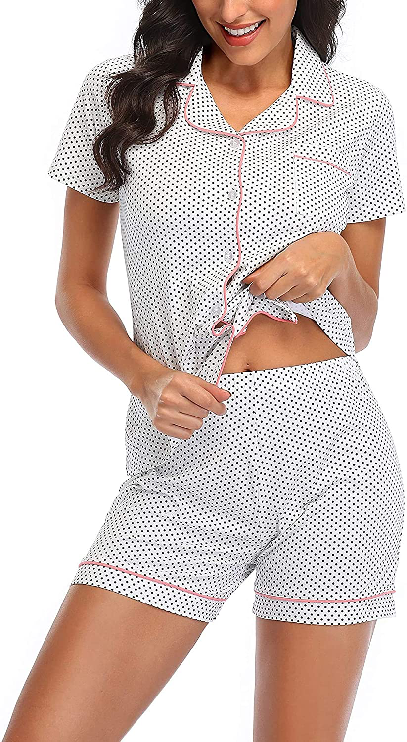 Women's Pajamas Set, Short Sleeve Sleepwear Button-Down Nightwear Soft Pj Lounge Sets Pajamas for Women Apparel & Accessories > Clothing > Sleepwear & Loungewear > Pajamas CULAYII Style B-white+black Medium