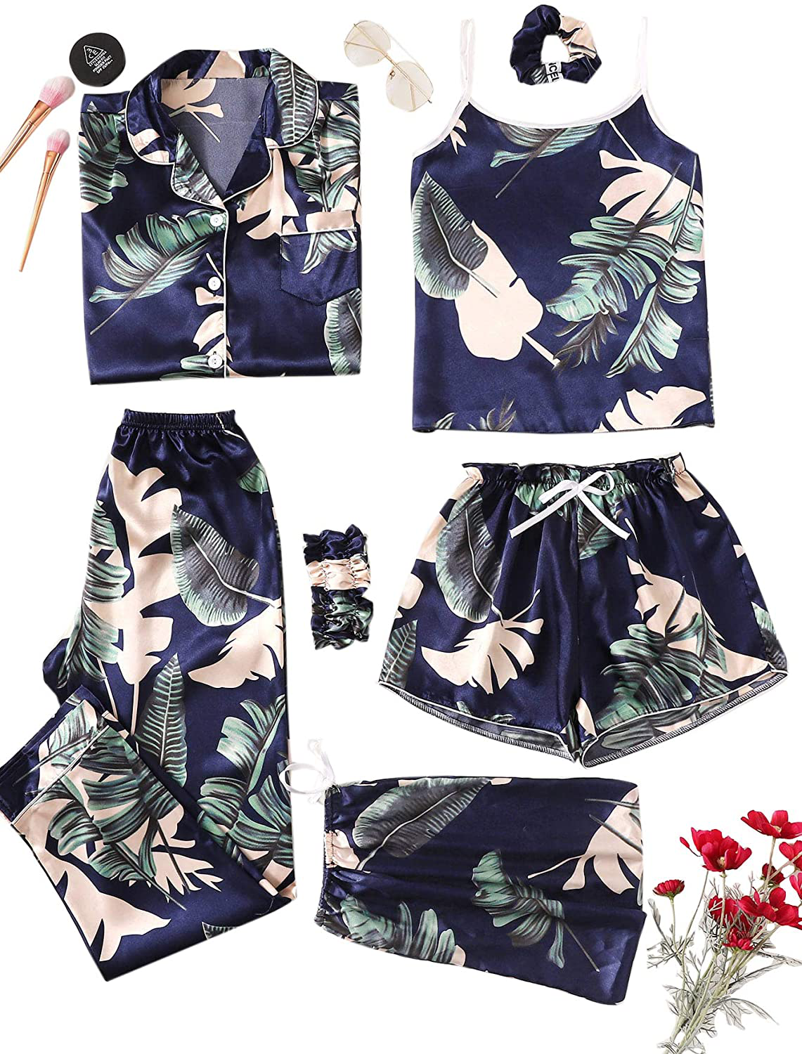Shein Women'S 7Pcs Pajama Set Cami Pjs with Shirt and Eye Mask Apparel & Accessories > Clothing > Sleepwear & Loungewear > Pajamas Kylie Max
