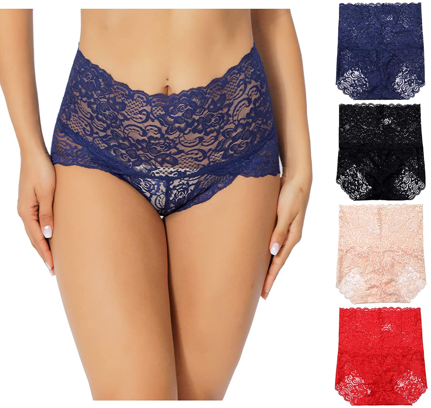 KYY Women'S Lace Underwear High Waist Sexy Panties Full Coverage Briefs 4 Pack Apparel & Accessories > Clothing > Underwear & Socks > Underwear KYY Black/Dark Blue/Red/Skin 3X-Large