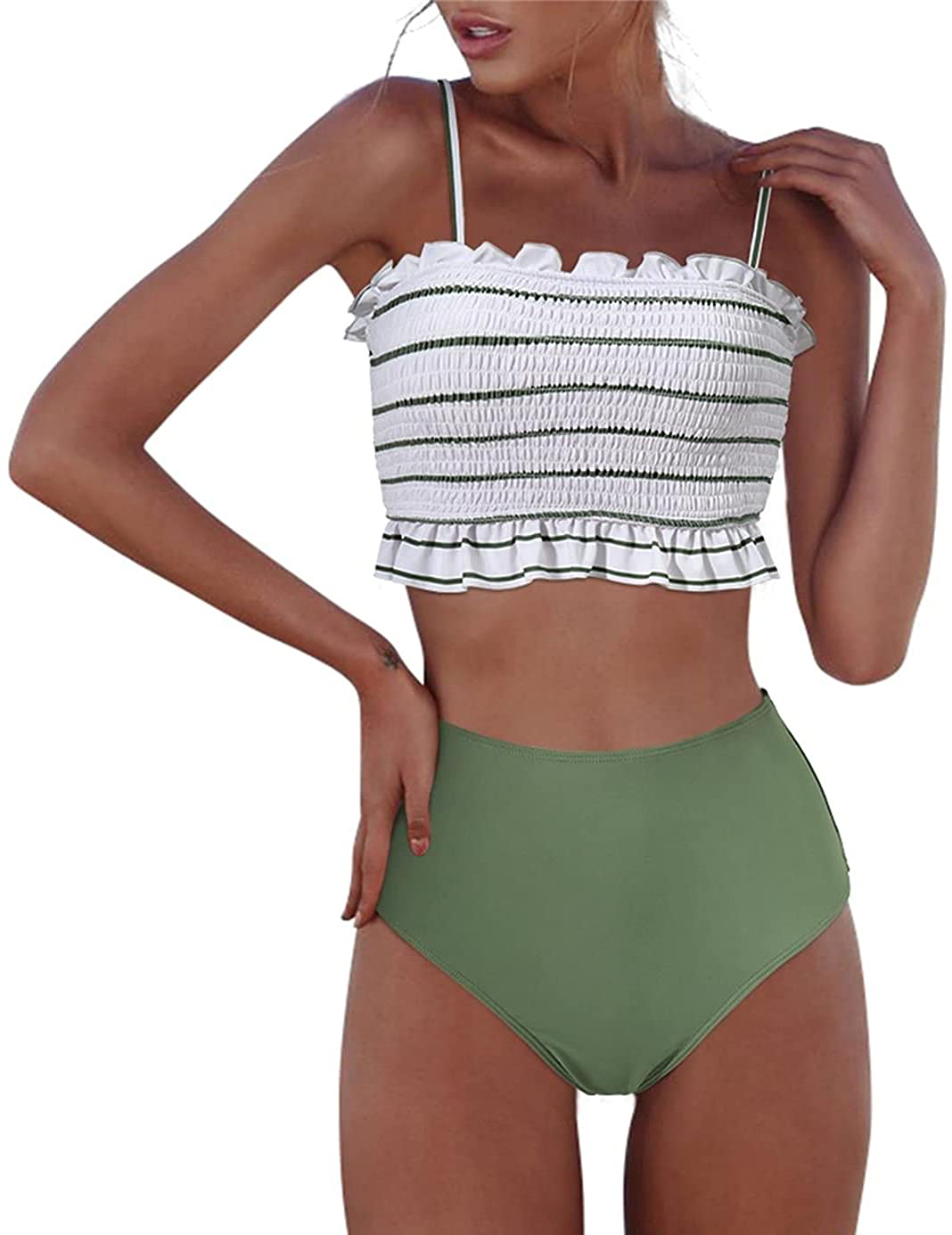 RXRXCOCO Womens Shirred Bandeau Bikini Cute Two Piece Swimsuit Off Shoulder High Waist Bathing Suit Apparel & Accessories > Clothing > Swimwear RXRXCOCO Green Stripe-2 Large