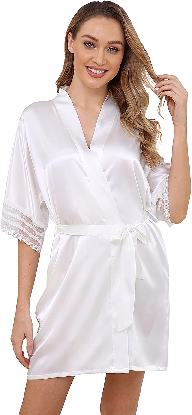 The Bund Women'S Short Robes Lace Bride Bridesmaids Sexy Bathrobe Satin Spa Robe Pure Color Apparel & Accessories > Clothing > Sleepwear & Loungewear > Robes The Bund Y-white Small