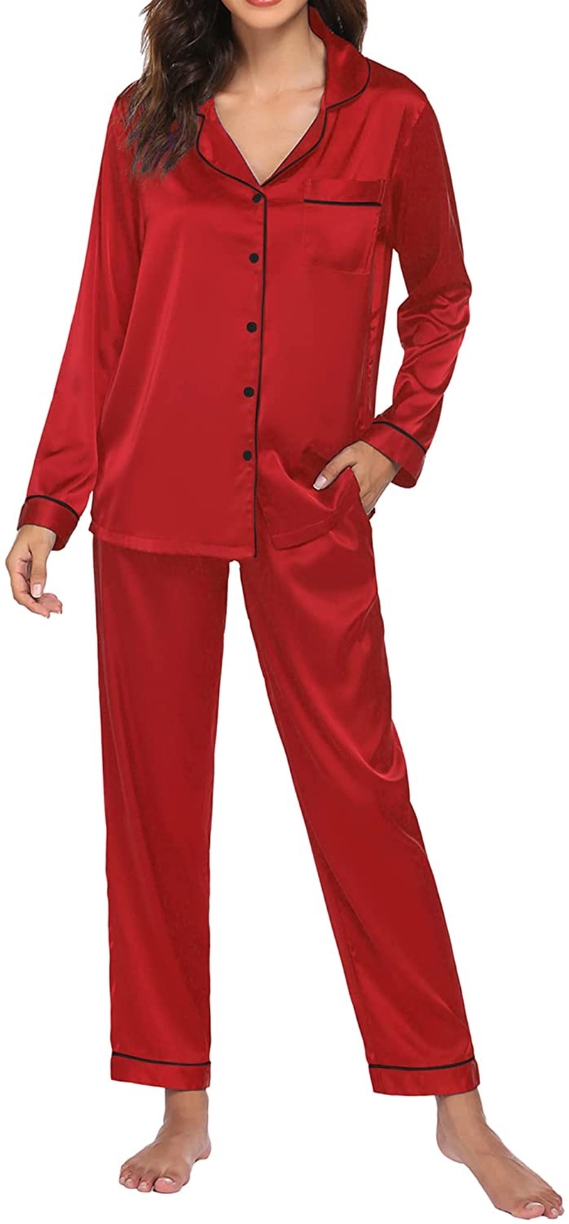 Ekouaer Satin Pajamas Women’S Long Sleeve Sleepwear Silk Soft Button down Loungewear Pjs Set S-XXL Apparel & Accessories > Clothing > Sleepwear & Loungewear > Pajamas Kylie Max