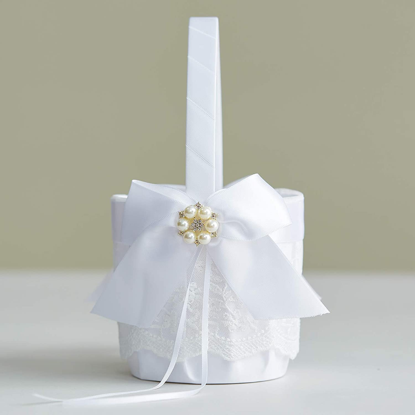 ATAILOVE Wedding Flower Girl Basket and Ring Bearer Pillow Set, Satin Bow Lace Rhinestone Collection (White) Apparel & Accessories > Clothing > Underwear & Socks > Lingerie ATAILOVE