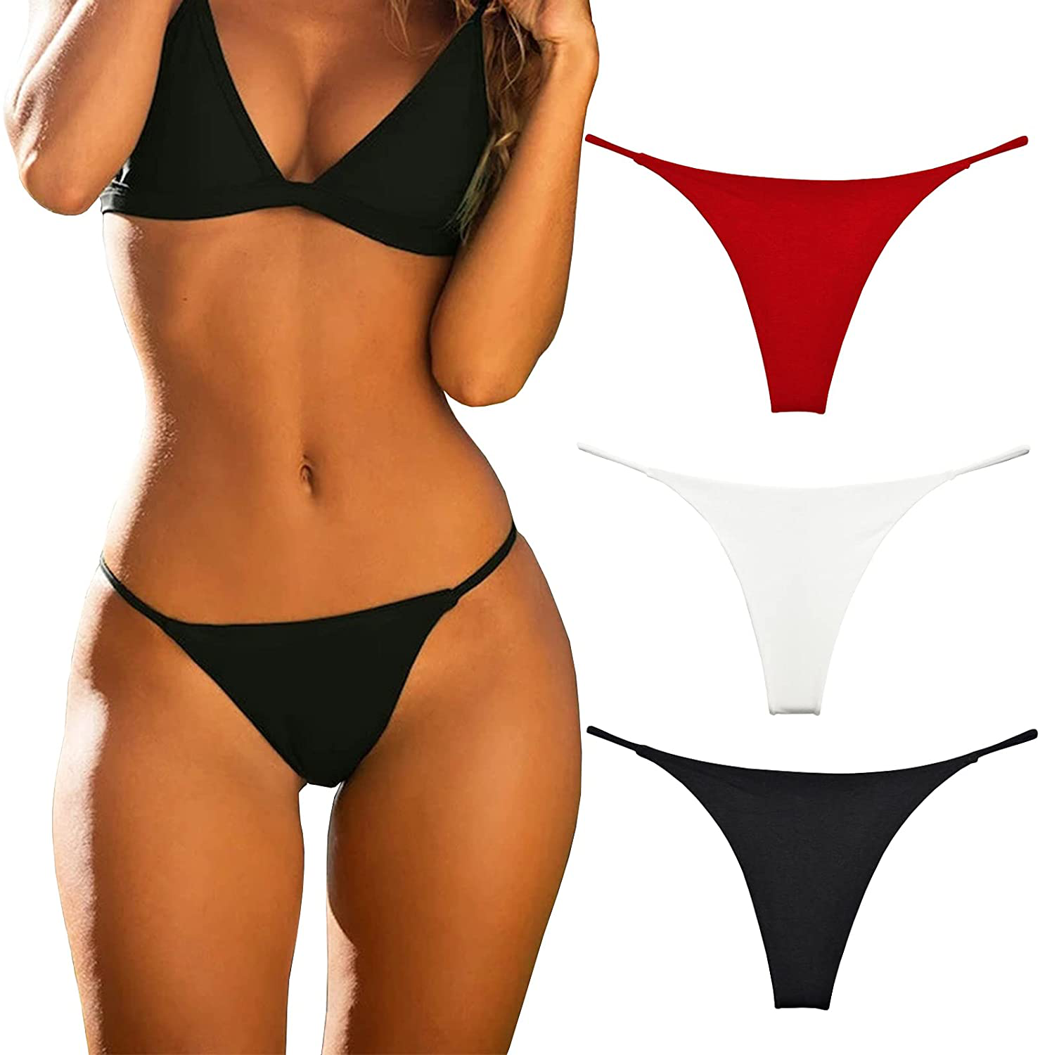 Cotton Thongs for Women Sexy Seamless Woman G String Panties 3 Pack Set Apparel & Accessories > Clothing > Underwear & Socks > Underwear KUKU PANDA Black/Red/White Small