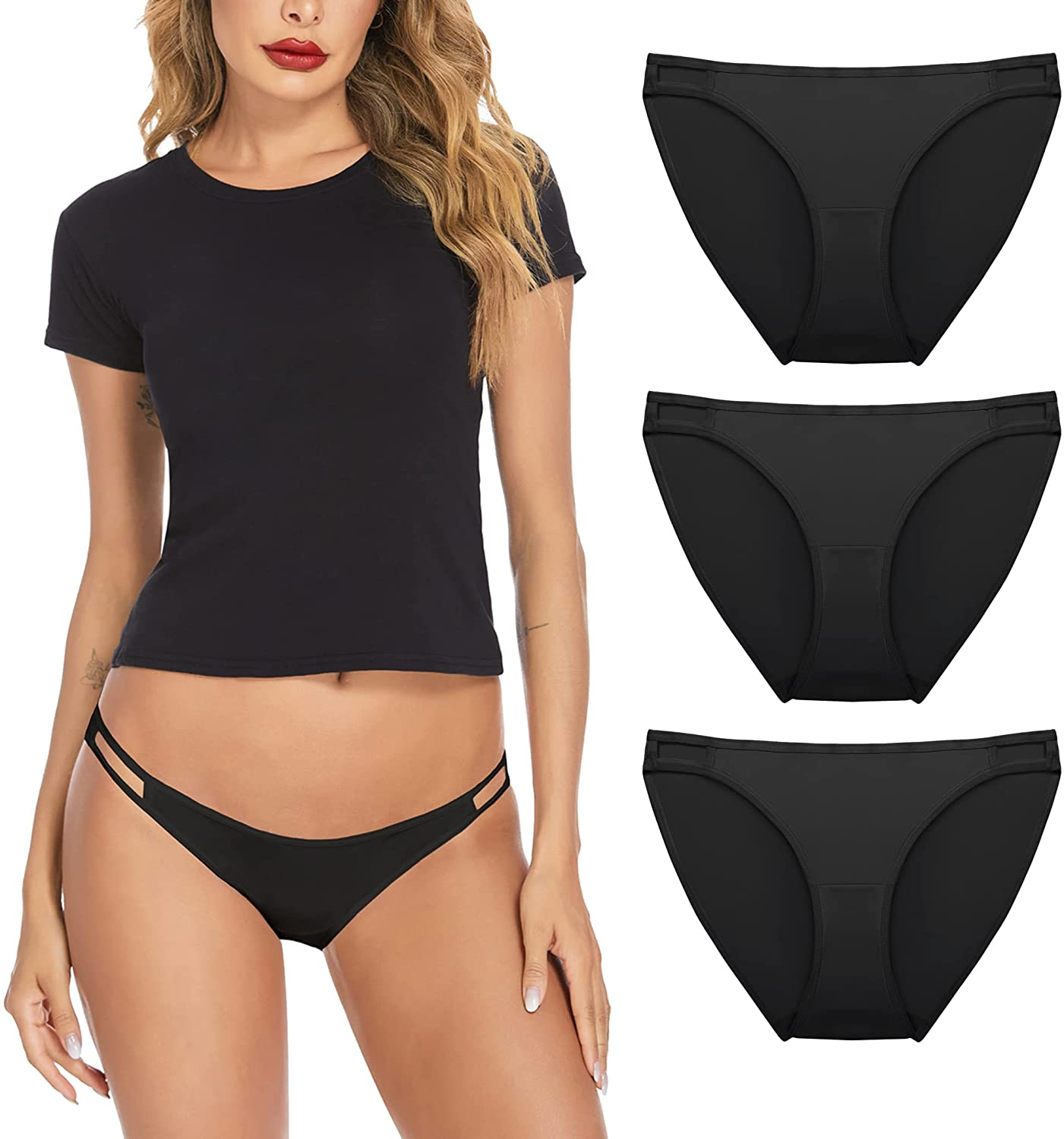 Ekouaer Sexy Ice Silk Bikini Underwear Panty Womens Seamless String Briefs Soft Stretch Breathable Invisible Panty 3 Pack Apparel & Accessories > Clothing > Underwear & Socks > Underwear Ekouaer Black (3 Pack) XX-Large