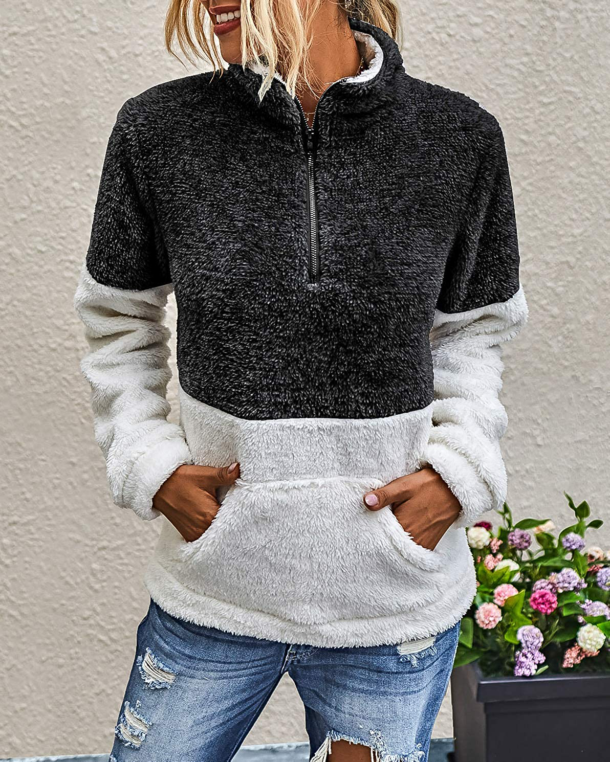 BTFBM Women Sherpa Pullover Quarter Zip Long Sleeve Fluffy Soft Fleece Jackets Sweaters Sweatshirts Hoodies Outwear Coat Apparel & Accessories > Clothing > Activewear Kylie Max