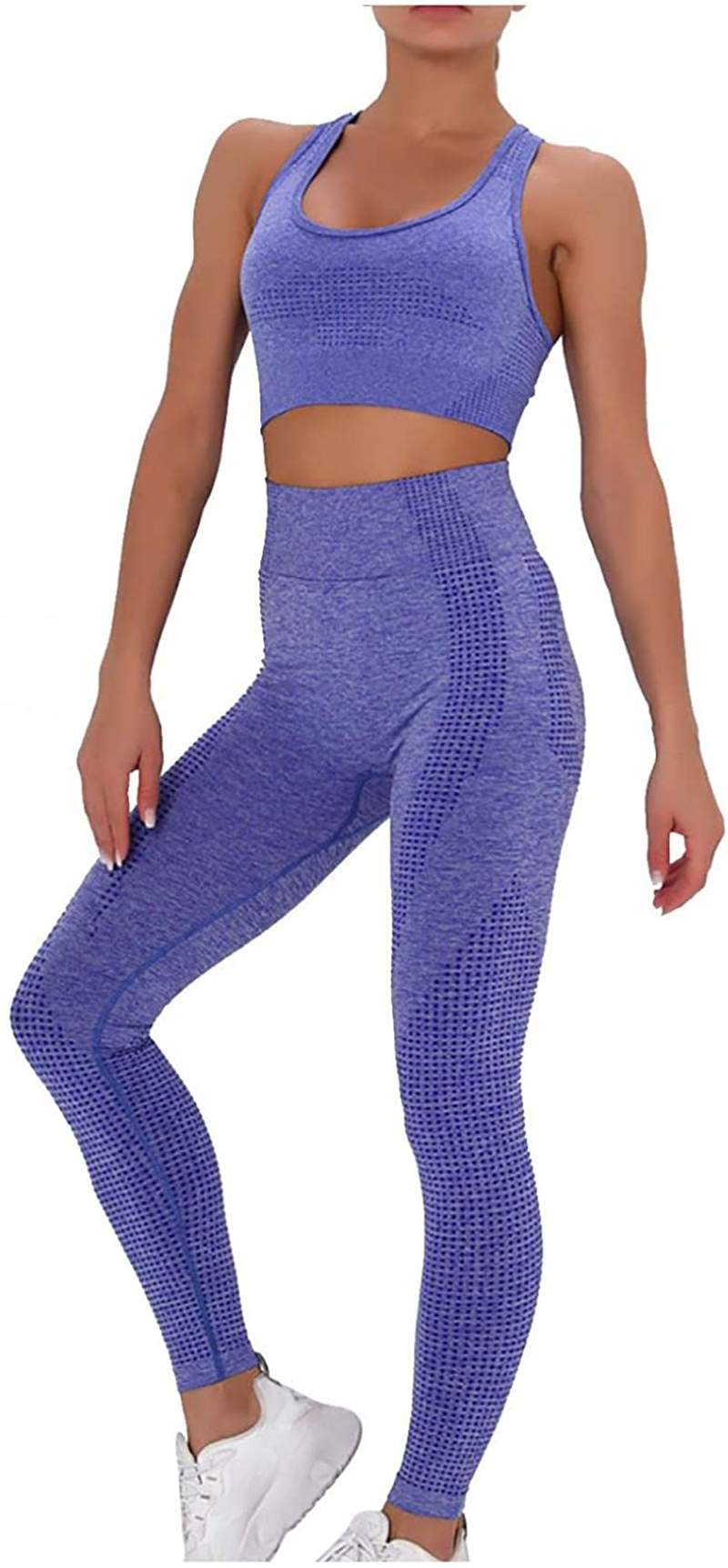 Burband Womens Ribbed Seamless Yoga Outfits 2 Piece Tracksuits Sports Bra Seamless Leggings Yoga Gym Workout Set Activewear Apparel & Accessories > Clothing > Underwear & Socks > Shapewear Burband Blue Small