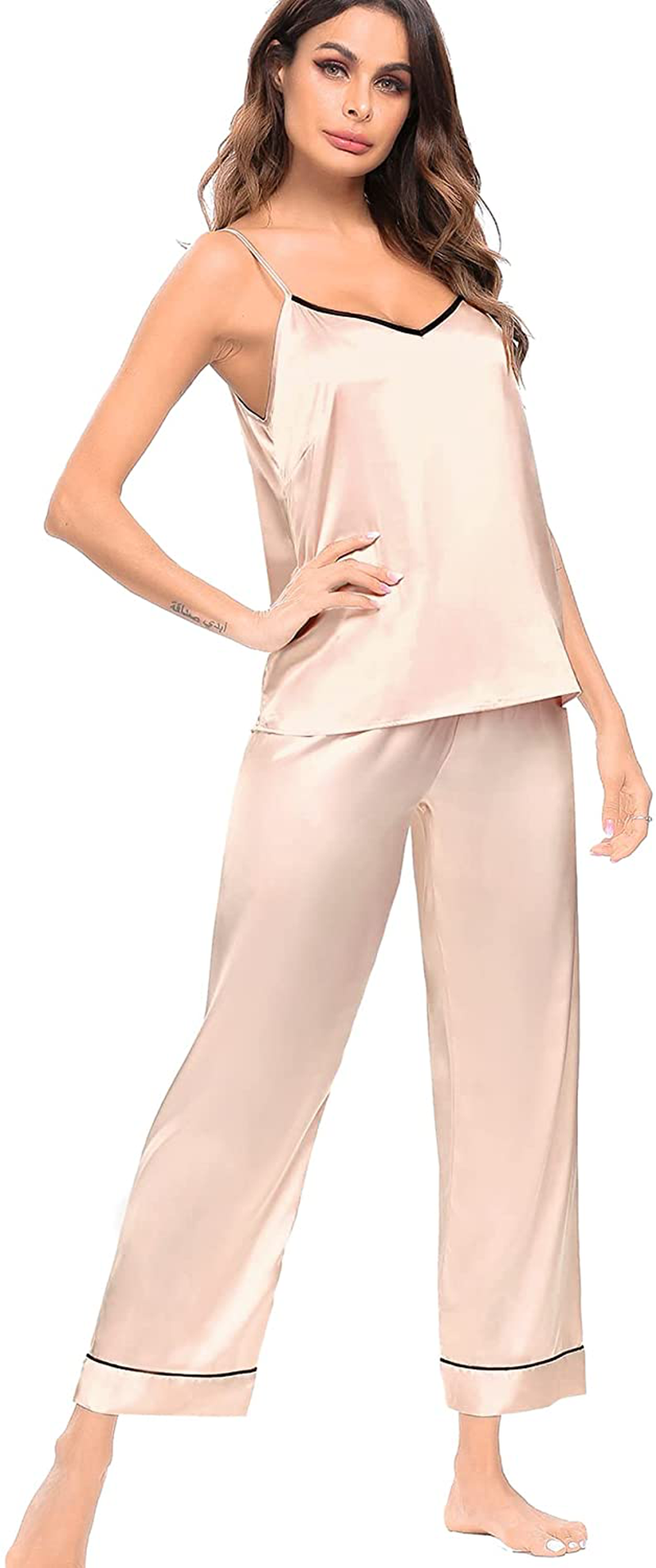 SWOMOG Womens Silk Satin Pajamas Set Two-Piece Pj Sets Cami Top and Capris Pants Sleepwear Apparel & Accessories > Clothing > Sleepwear & Loungewear Kylie Max
