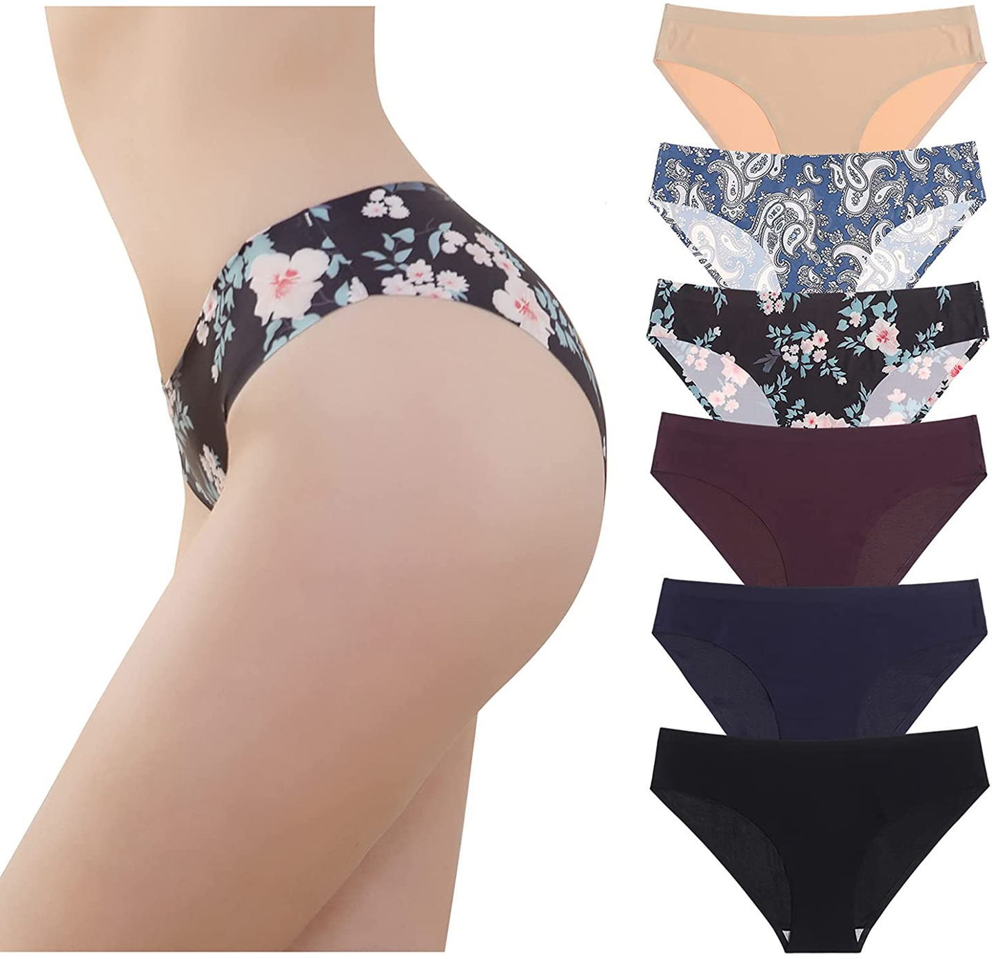 LEVAO Seamless Underwear for Women Soft Breathable Stretch Printed Briefs No Show Cheeky Bikini Panties Pack of 6 Apparel & Accessories > Clothing > Underwear & Socks > Underwear LEVAO Multicolor-b Large