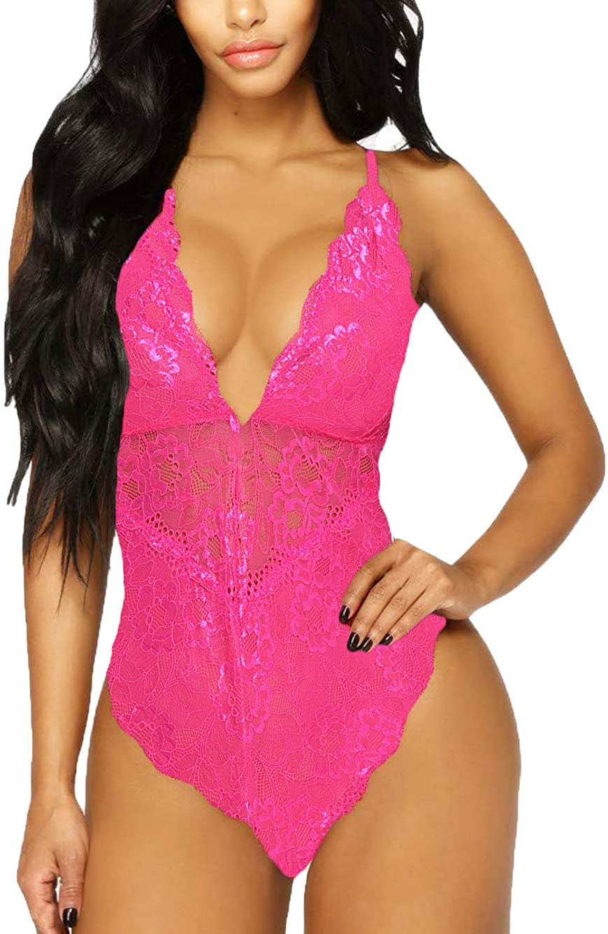 Kaei&Shi V-Neck See Through Lingerie Floral Lace Babydoll Sexy Lingerie for Women One Piece Bodysuit Apparel & Accessories > Clothing > Underwear & Socks > Lingerie Kaei&Shi Rose X-Large